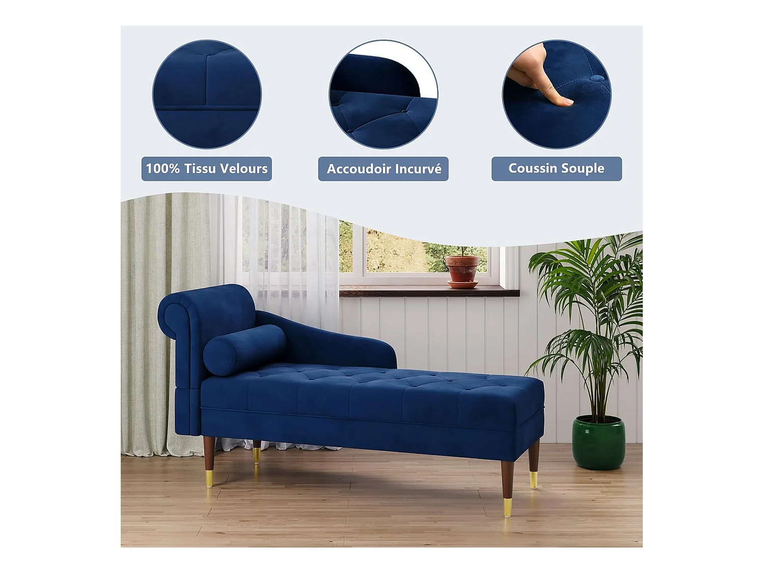 Chaise Longue in tessuto di velluto, poltrona relax con braccioli e cuscino lombare cilindrico per soggiorno, appartamento, piccolo spazio - Blu