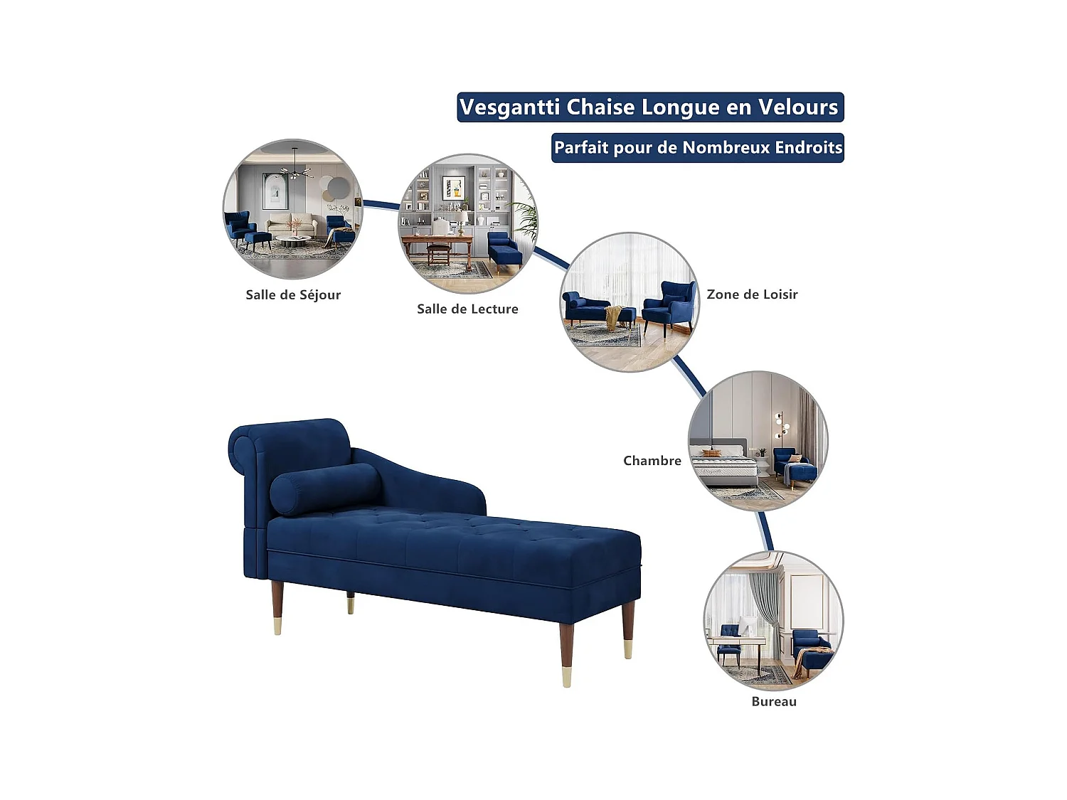 Chaise Longue in tessuto di velluto, poltrona relax con braccioli e cuscino lombare cilindrico per soggiorno, appartamento, piccolo spazio - Blu