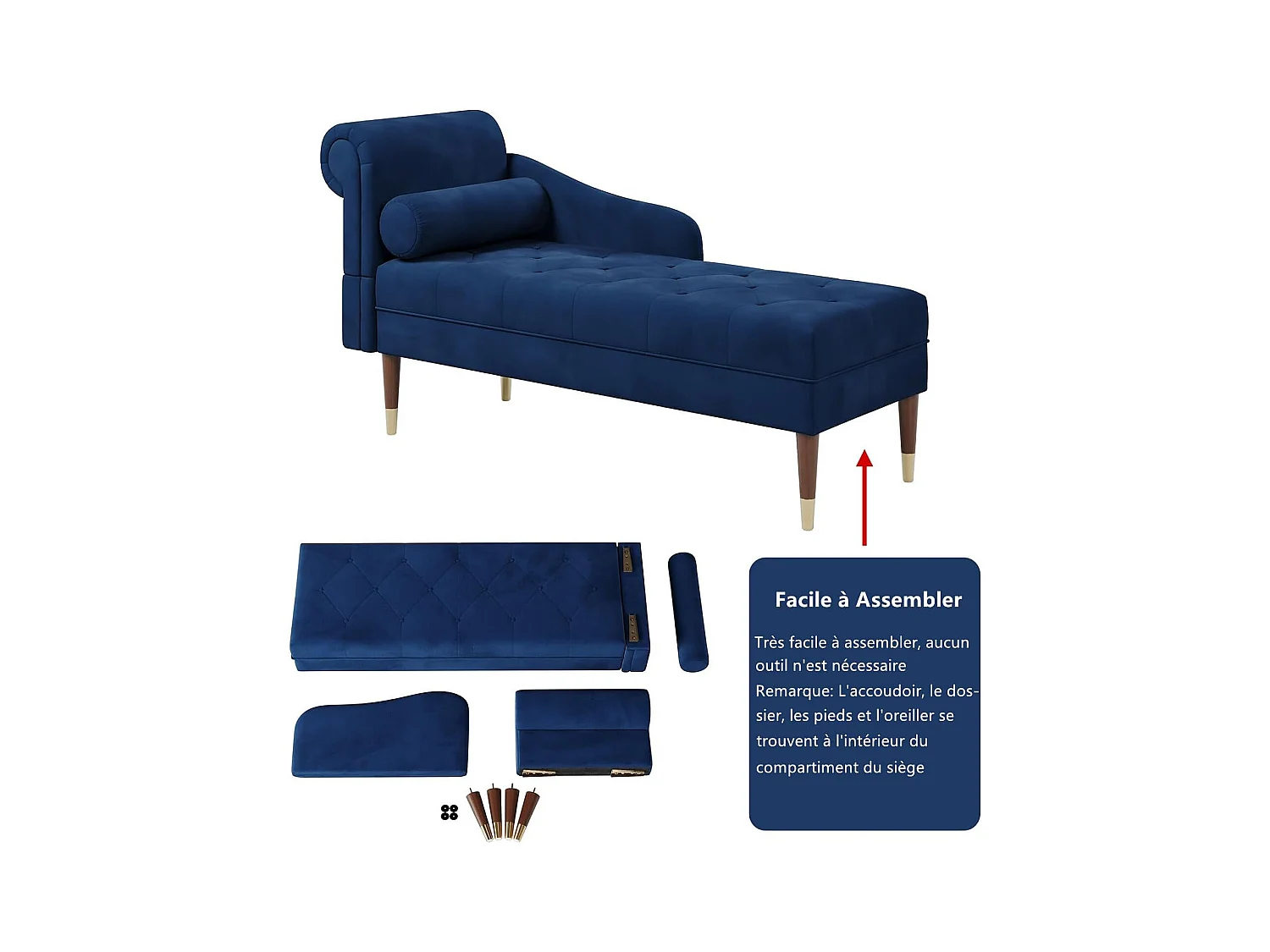 Chaise Longue in tessuto di velluto, poltrona relax con braccioli e cuscino lombare cilindrico per soggiorno, appartamento, piccolo spazio - Blu