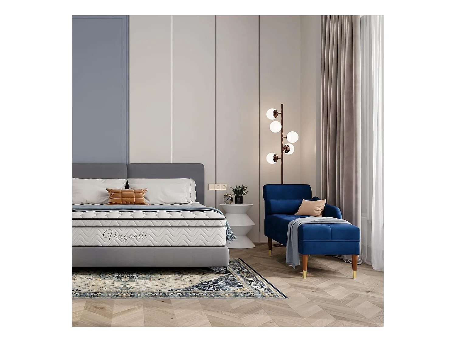 Chaise Longue in tessuto di velluto, poltrona relax con braccioli e cuscino lombare cilindrico per soggiorno, appartamento, piccolo spazio - Blu