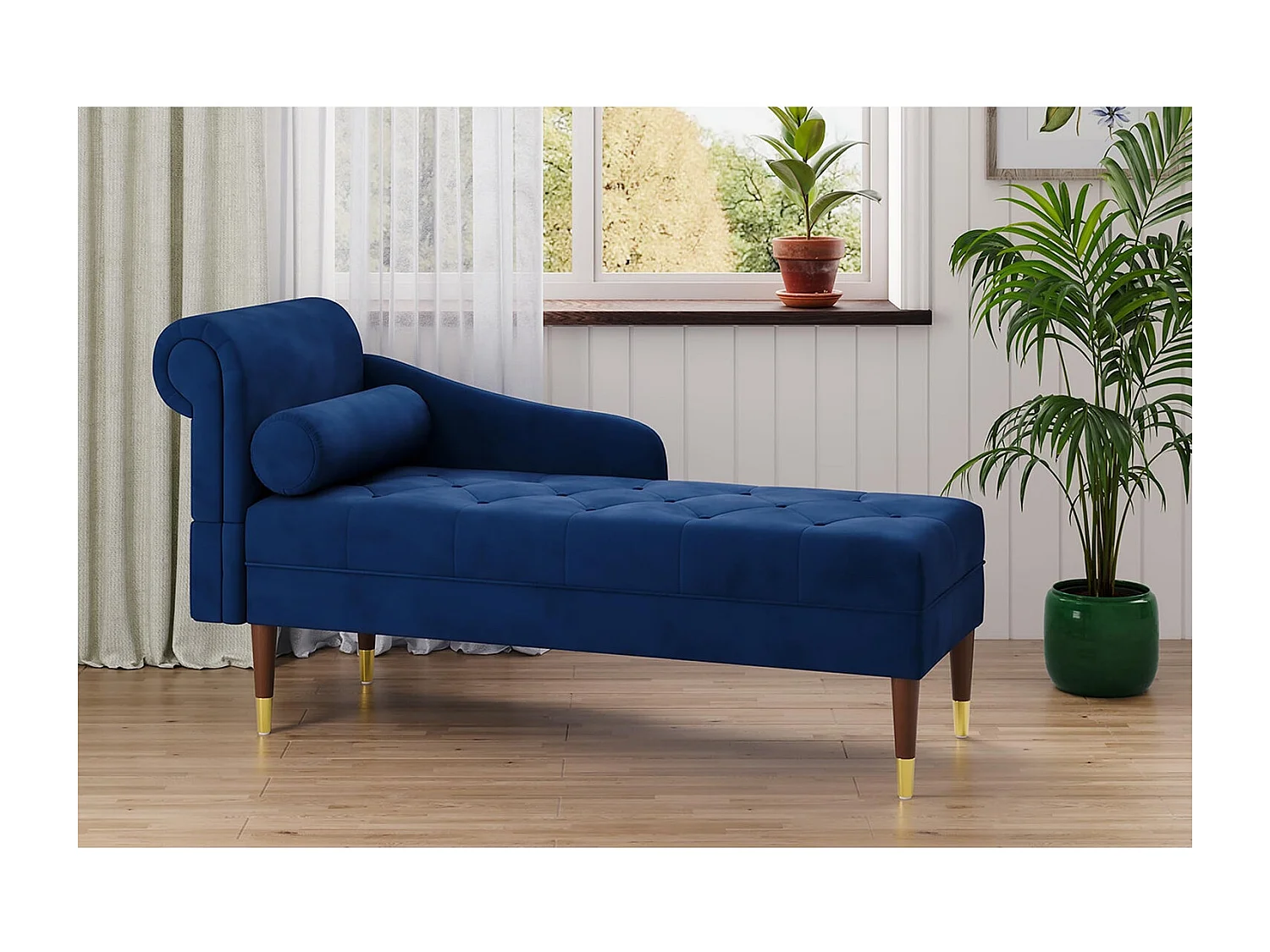 Chaise Longue en Tissu Velours, Fauteuil Relax Canapé avec Accoudoirs Coussin Lombaire Cylindrique pour Salon, Appartement, Petit Espace - Bleu
