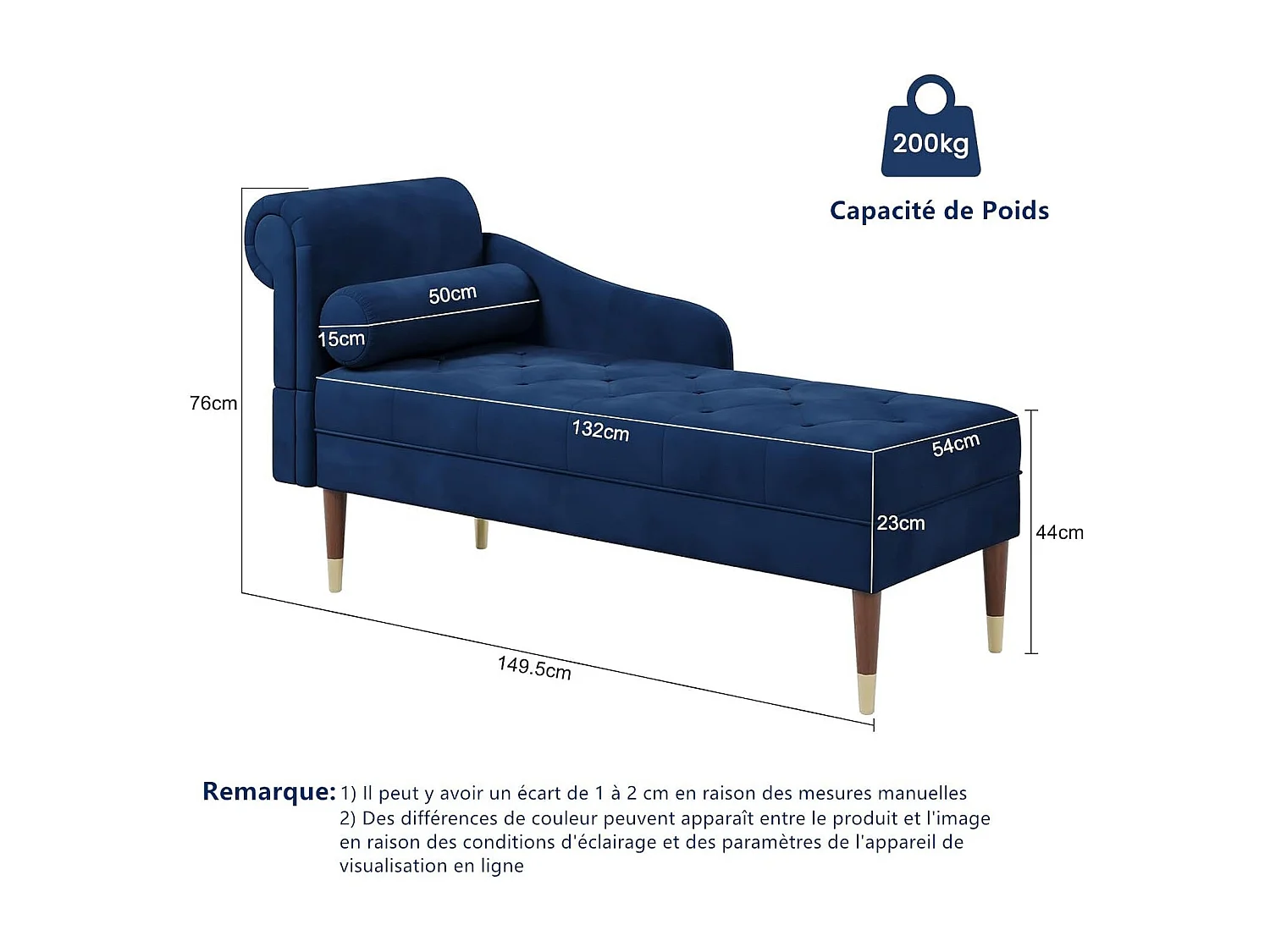 Chaise Longue en Tissu Velours, Fauteuil Relax Canapé avec Accoudoirs Coussin Lombaire Cylindrique pour Salon, Appartement, Petit Espace - Bleu