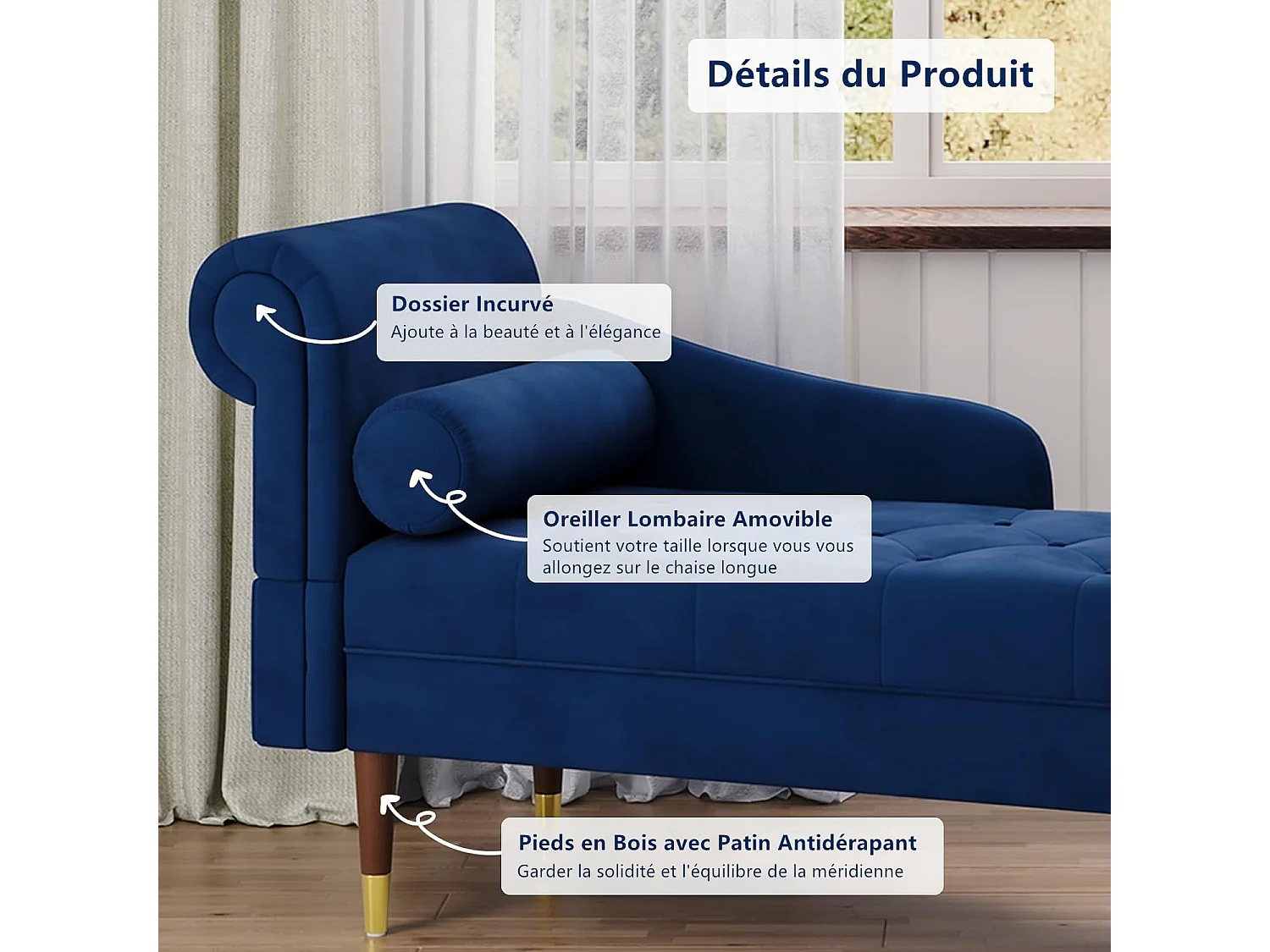 Chaise Longue en Tissu Velours, Fauteuil Relax Canapé avec Accoudoirs Coussin Lombaire Cylindrique pour Salon, Appartement, Petit Espace - Bleu