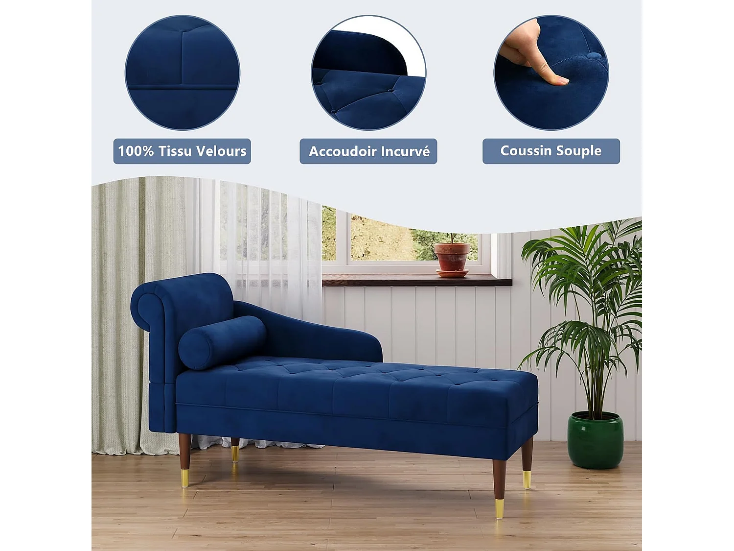 Chaise Longue en Tissu Velours, Fauteuil Relax Canapé avec Accoudoirs Coussin Lombaire Cylindrique pour Salon, Appartement, Petit Espace - Bleu