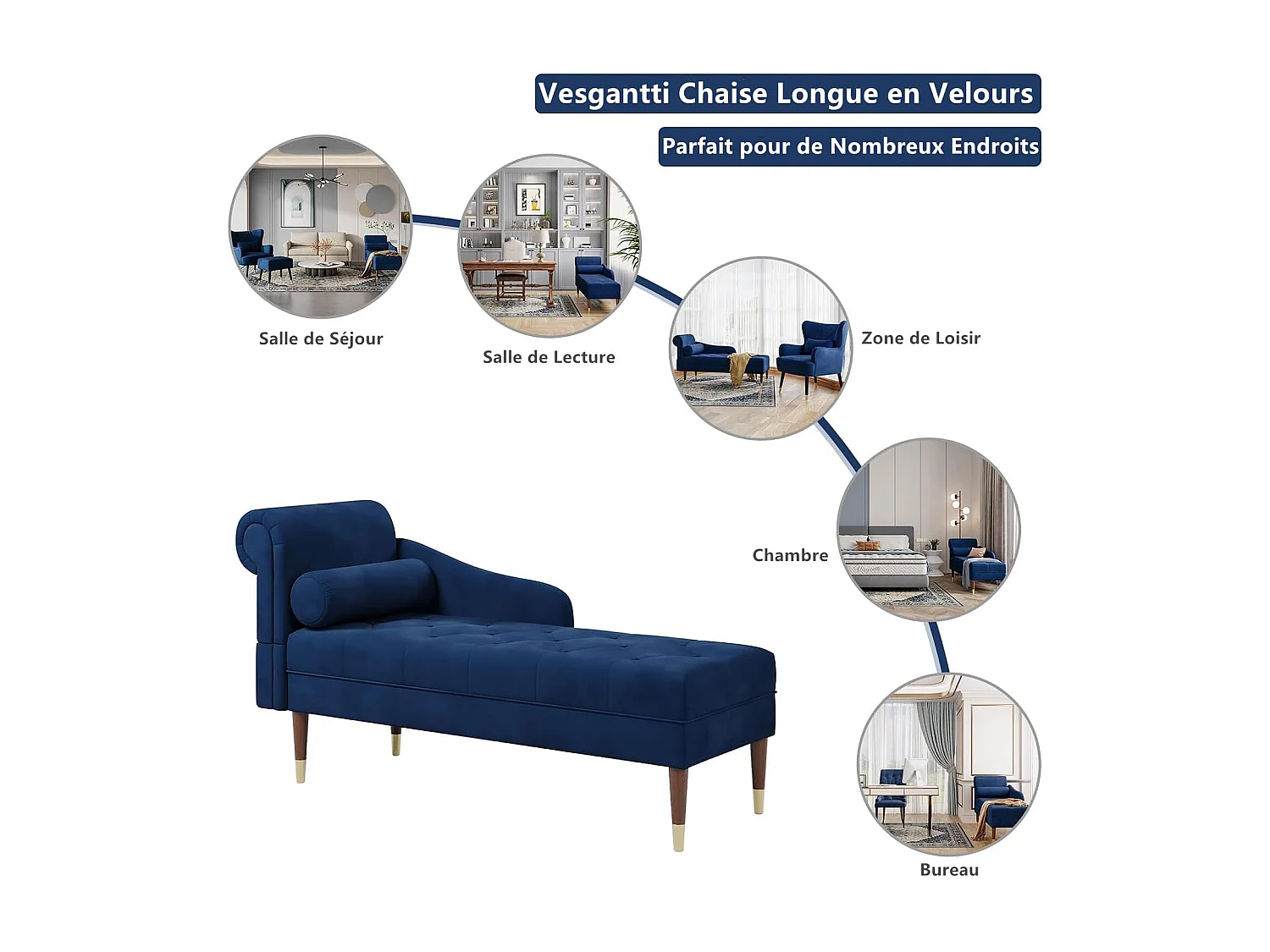 Chaise Longue en Tissu Velours, Fauteuil Relax Canapé avec Accoudoirs Coussin Lombaire Cylindrique pour Salon, Appartement, Petit Espace - Bleu