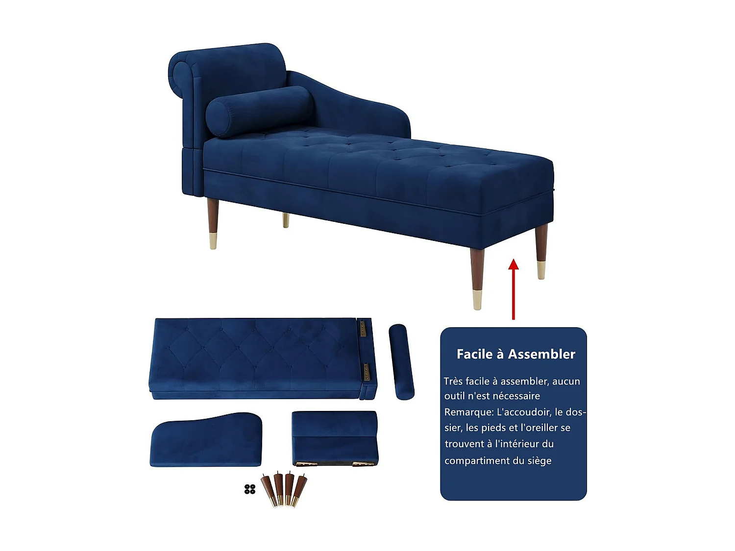 Chaise Longue en Tissu Velours, Fauteuil Relax Canapé avec Accoudoirs Coussin Lombaire Cylindrique pour Salon, Appartement, Petit Espace - Bleu