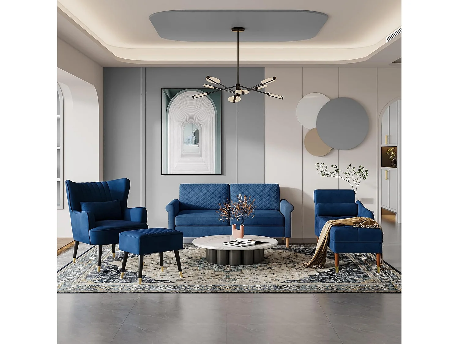 Chaise Longue van fluweelstof, relaxfauteuil met armleuningen en cilindrisch lendenkussen voor woonkamer, appartement, kleine ruimte - Blauw