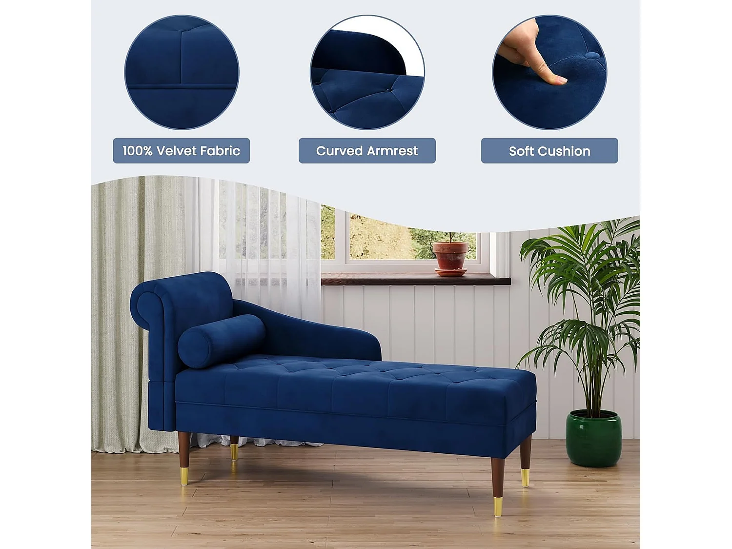 Chaise Longue van fluweelstof, relaxfauteuil met armleuningen en cilindrisch lendenkussen voor woonkamer, appartement, kleine ruimte - Blauw