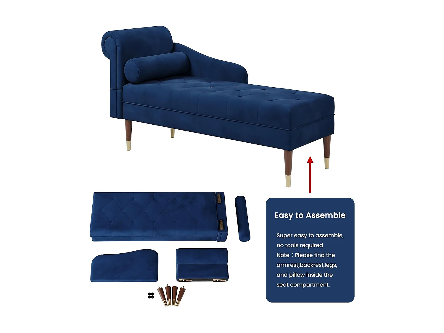 Chaise Longue van fluweelstof, relaxfauteuil met armleuningen en cilindrisch lendenkussen voor woonkamer, appartement, kleine ruimte - Blauw