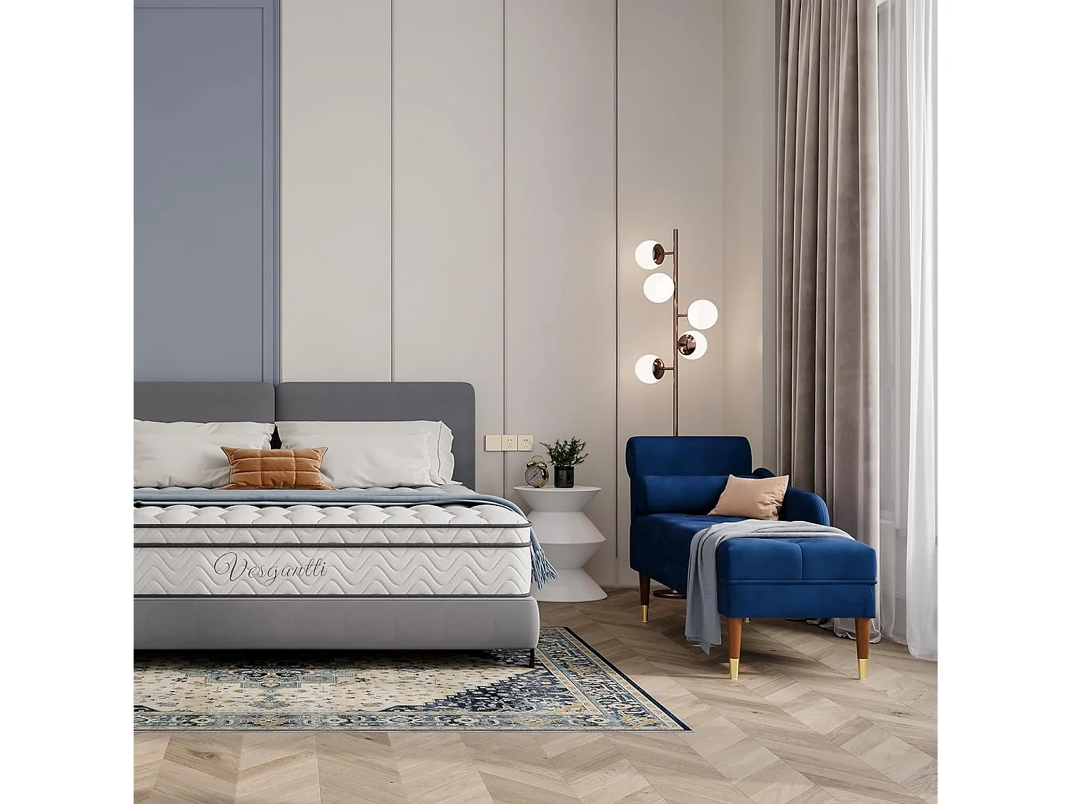 Chaise Longue van fluweelstof, relaxfauteuil met armleuningen en cilindrisch lendenkussen voor woonkamer, appartement, kleine ruimte - Blauw