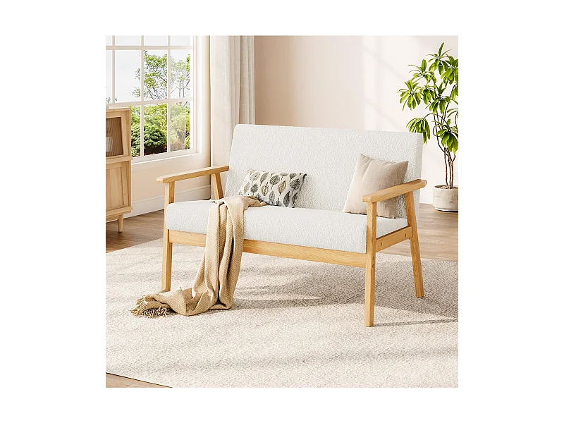 2-zitsbank, modern en Scandinavisch, dubbele bank in teddyfluweel in hout, voor woonkamer, slaapkamer, kantoor, 107 x 60 x 77 cm, wit