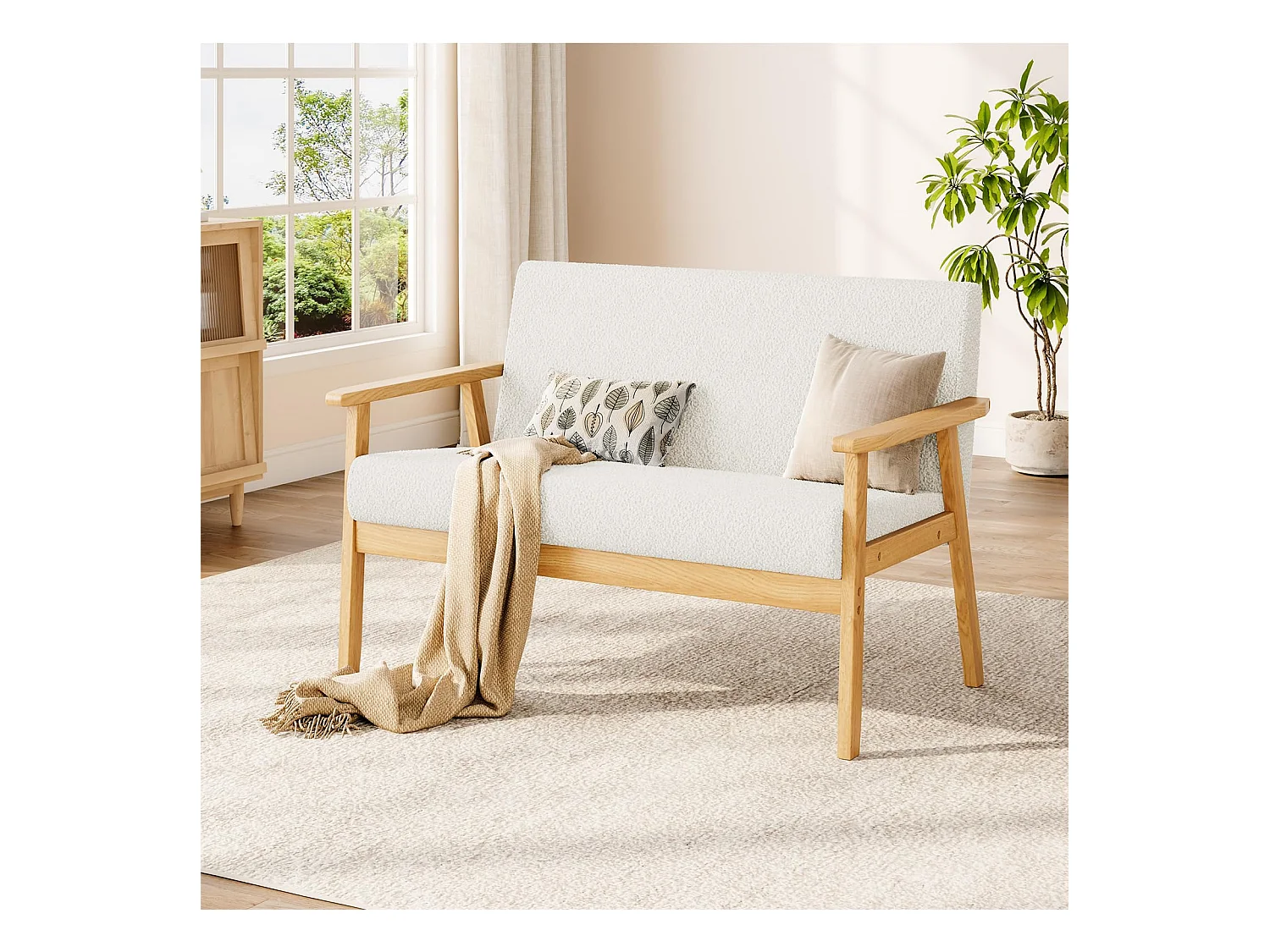 2-zitsbank, modern en Scandinavisch, dubbele bank in teddyfluweel in hout, voor woonkamer, slaapkamer, kantoor, 107 x 60 x 77 cm, wit