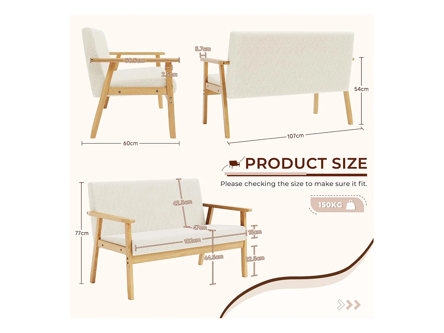 2-zitsbank, modern en Scandinavisch, dubbele bank in teddyfluweel in hout, voor woonkamer, slaapkamer, kantoor, 107 x 60 x 77 cm, wit