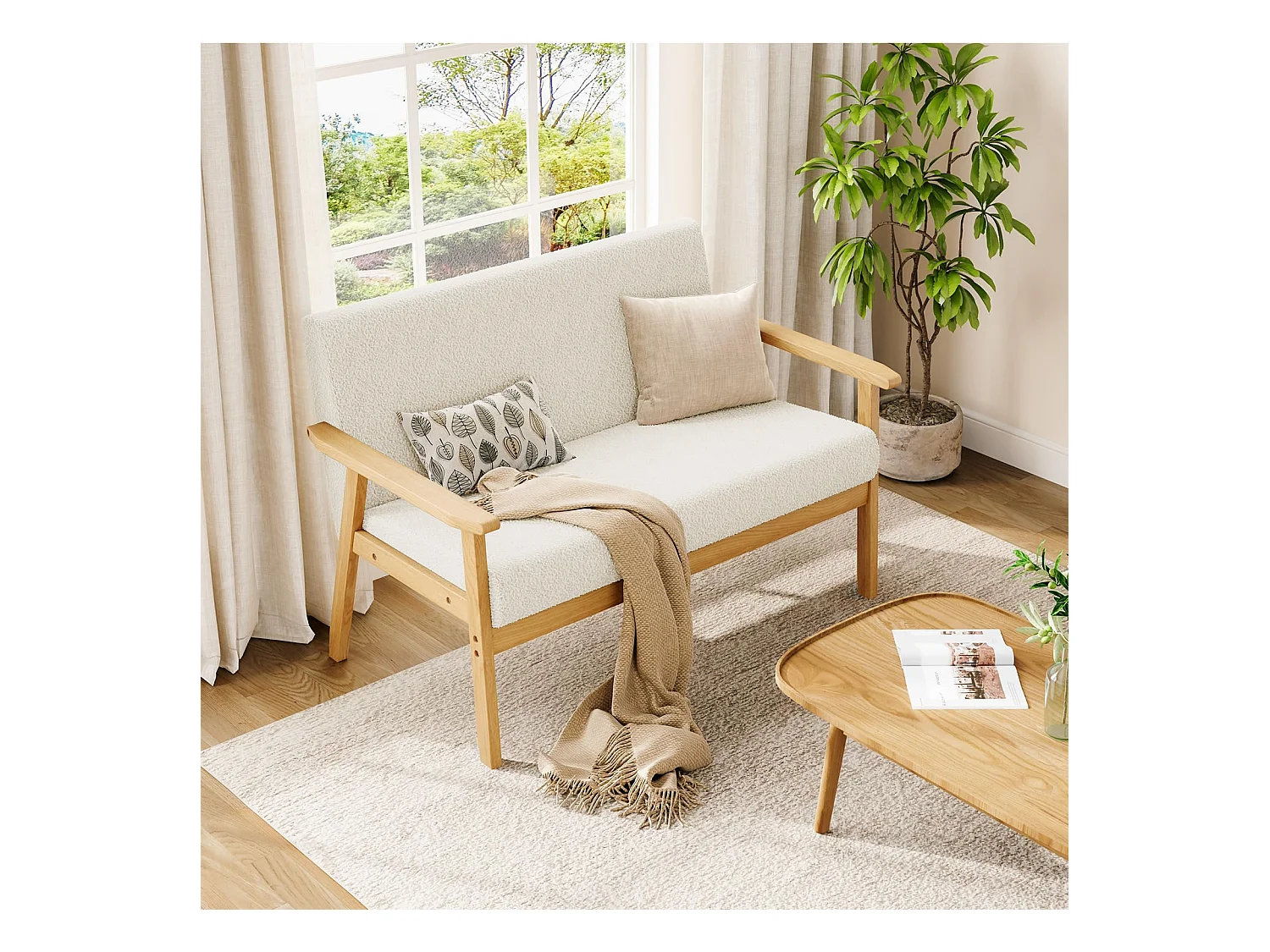 2-zitsbank, modern en Scandinavisch, dubbele bank in teddyfluweel in hout, voor woonkamer, slaapkamer, kantoor, 107 x 60 x 77 cm, wit