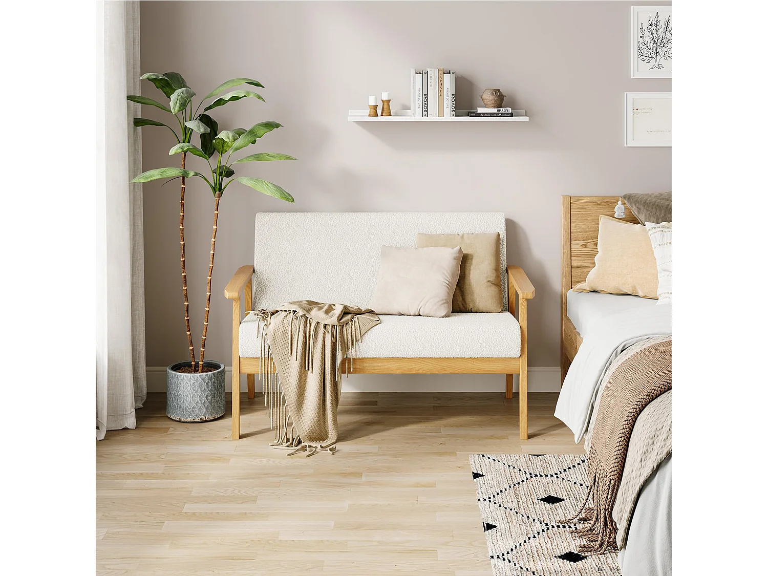 2-zitsbank, modern en Scandinavisch, dubbele bank in teddyfluweel in hout, voor woonkamer, slaapkamer, kantoor, 107 x 60 x 77 cm, wit