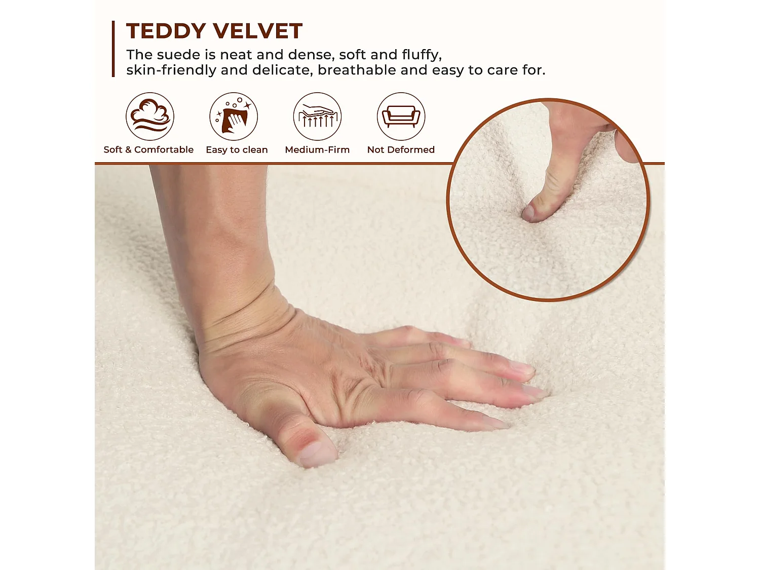 2-zitsbank, modern en Scandinavisch, dubbele bank in teddyfluweel in hout, voor woonkamer, slaapkamer, kantoor, 107 x 60 x 77 cm, wit