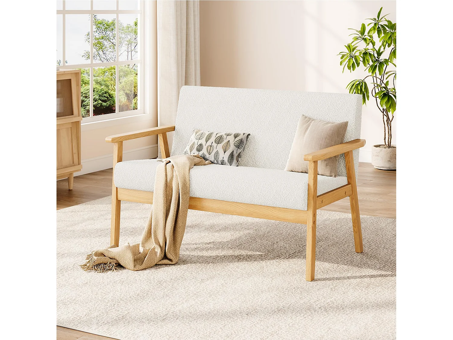 Canapé 2 Places, Moderne et scandinave, canapé Double en Velours Teddy en Bois, pour Salon, Chambre à Coucher, Bureau, 107 x 60 x 77 cm, Blanc