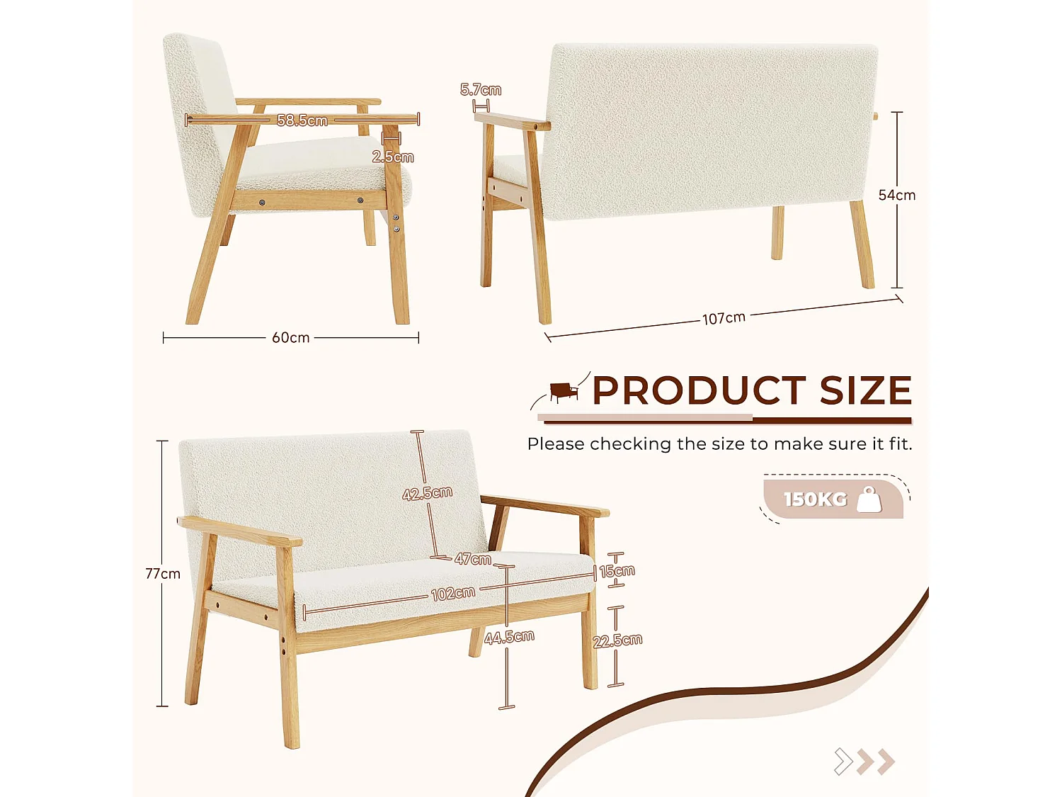 Canapé 2 Places, Moderne et scandinave, canapé Double en Velours Teddy en Bois, pour Salon, Chambre à Coucher, Bureau, 107 x 60 x 77 cm, Blanc