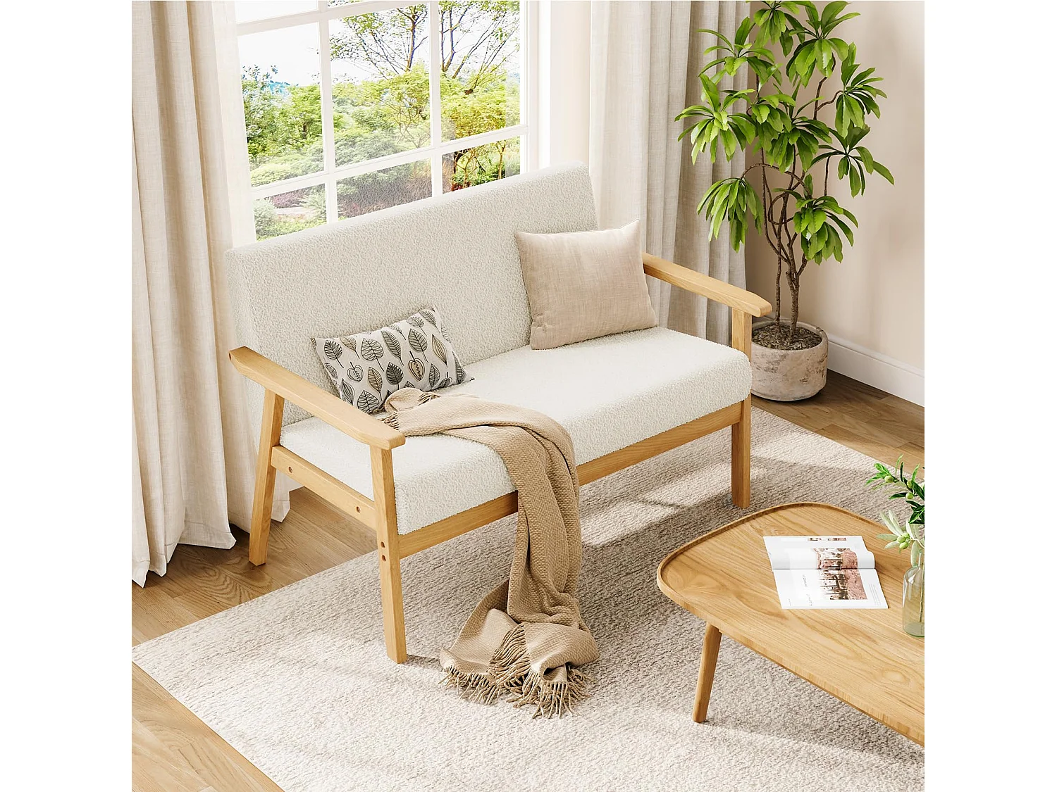 Canapé 2 Places, Moderne et scandinave, canapé Double en Velours Teddy en Bois, pour Salon, Chambre à Coucher, Bureau, 107 x 60 x 77 cm, Blanc