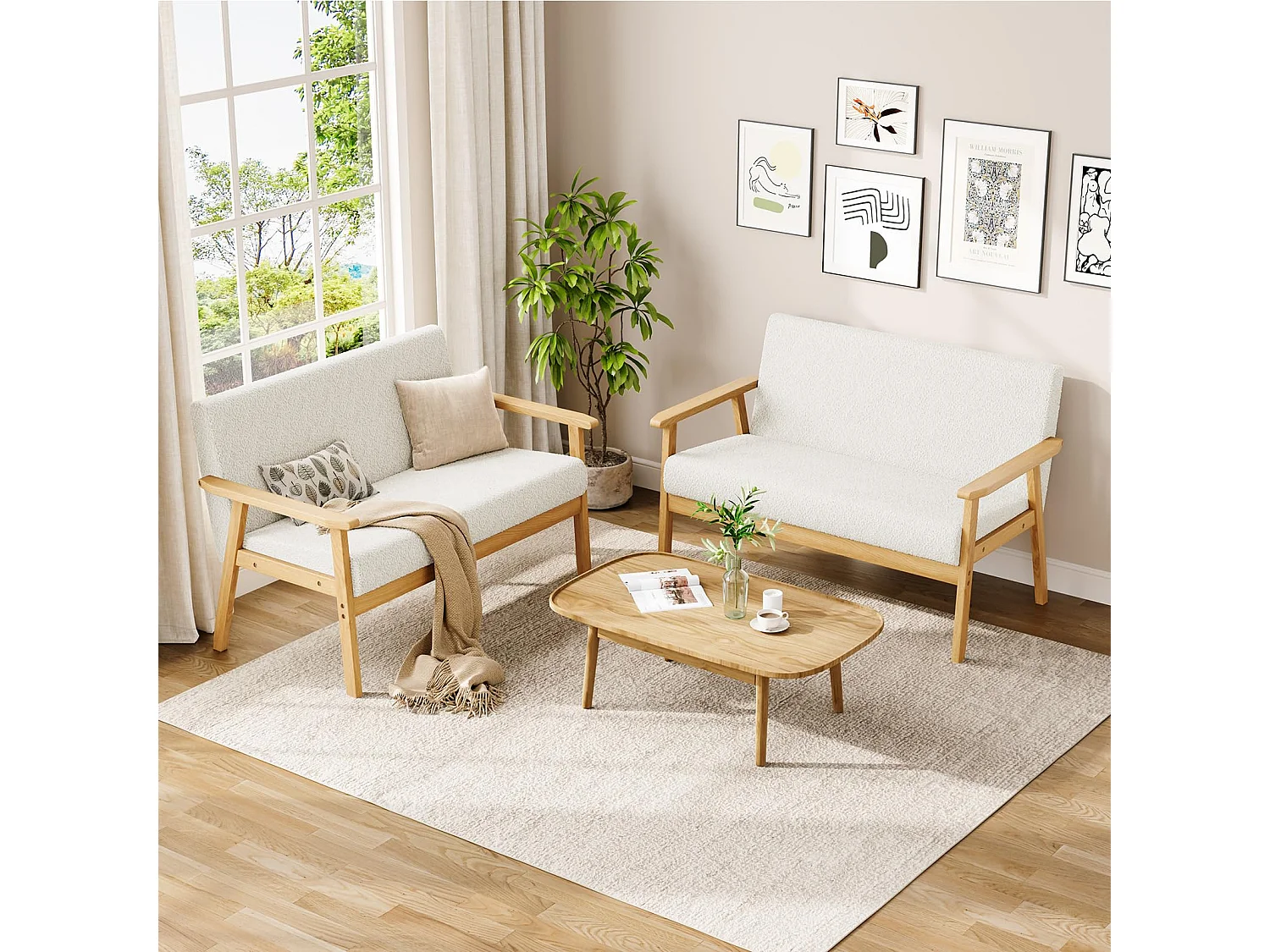 Canapé 2 Places, Moderne et scandinave, canapé Double en Velours Teddy en Bois, pour Salon, Chambre à Coucher, Bureau, 107 x 60 x 77 cm, Blanc