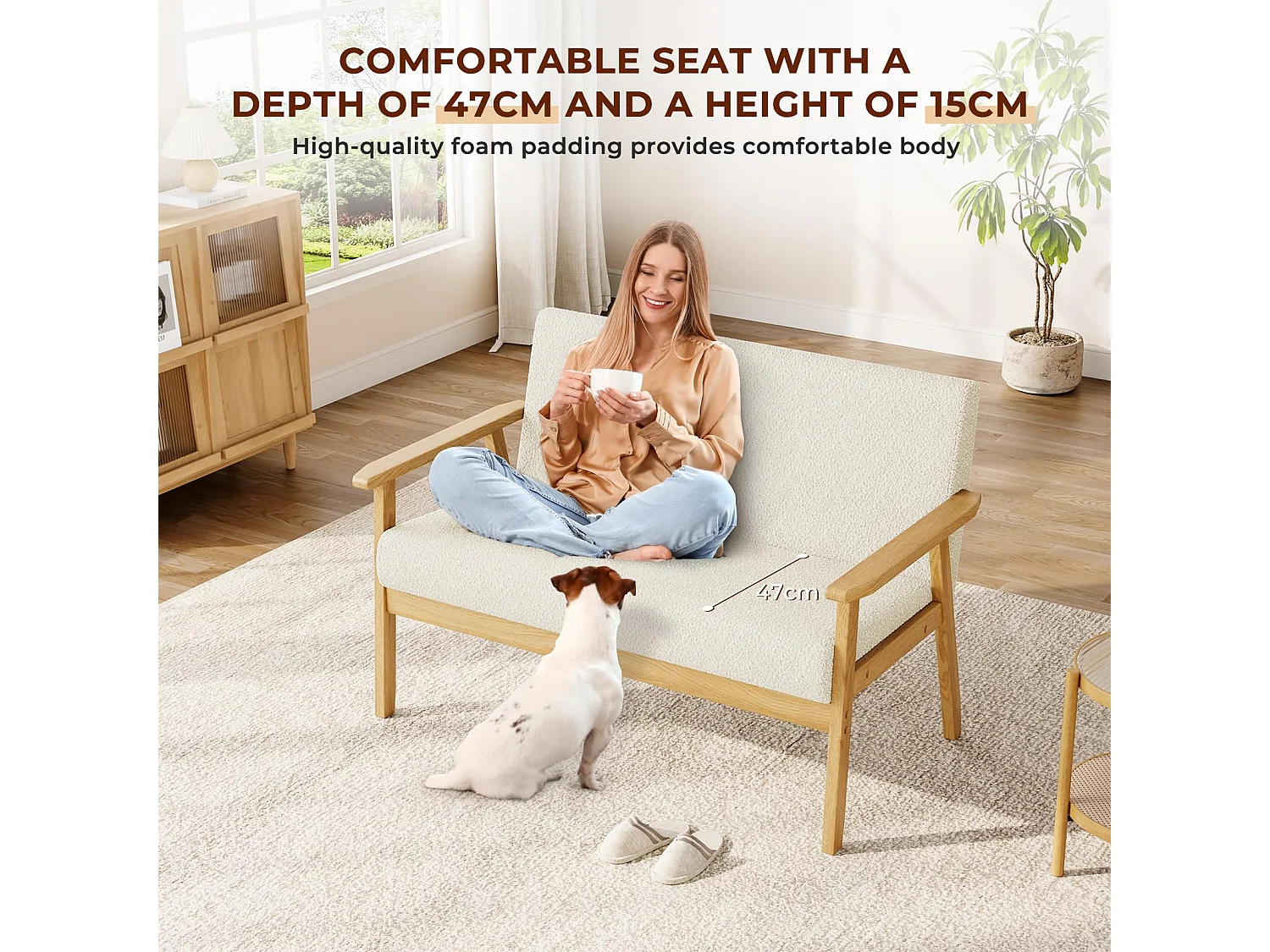 Canapé 2 Places, Moderne et scandinave, canapé Double en Velours Teddy en Bois, pour Salon, Chambre à Coucher, Bureau, 107 x 60 x 77 cm, Blanc