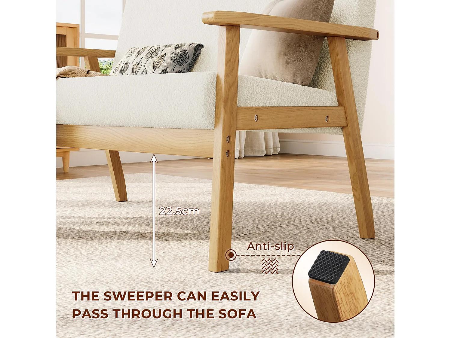 Canapé 2 Places, Moderne et scandinave, canapé Double en Velours Teddy en Bois, pour Salon, Chambre à Coucher, Bureau, 107 x 60 x 77 cm, Blanc