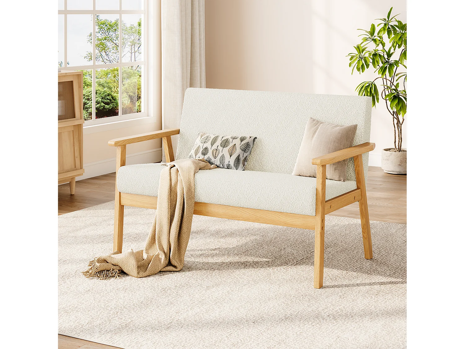 Canapé 2 Places, Moderne et scandinave, canapé Double en Velours Teddy en Bois, pour Salon, Chambre à Coucher, Bureau, 107 x 60 x 77 cm, Blanc