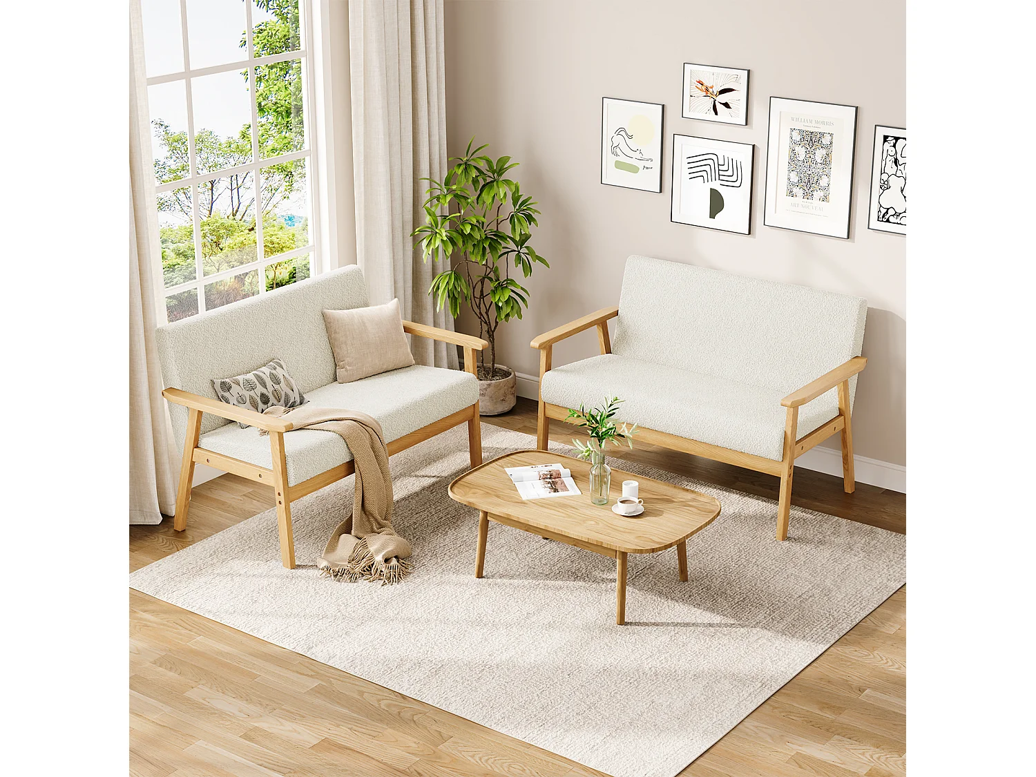 Canapé 2 Places, Moderne et scandinave, canapé Double en Velours Teddy en Bois, pour Salon, Chambre à Coucher, Bureau, 107 x 60 x 77 cm, Blanc