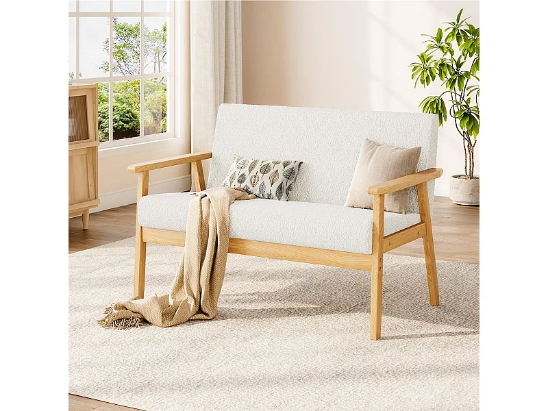 Canapé 2 Places, Moderne et scandinave, canapé Double en Velours Teddy en Bois, pour Salon, Chambre à Coucher, Bureau, 107 x 60 x 77 cm, Blanc