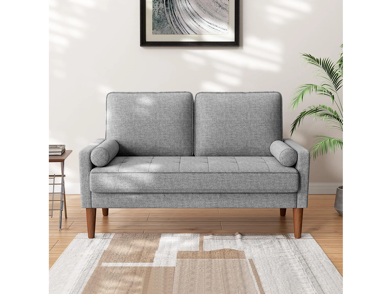 Divano piccolo in lino grigio chiaro a 2 posti da 121 cm, con cuscino a molle e braccioli, stile moderno, ideale per soggiorno o piccola camera da letto