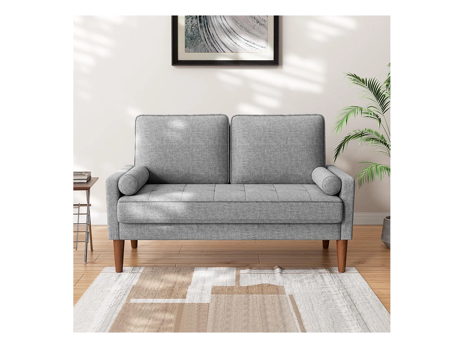 Petit canapé 2 places gris clair en lin 121 cm, avec coussin à ressorts et accoudoirs, style moderne, idéal pour salon ou petite chambre