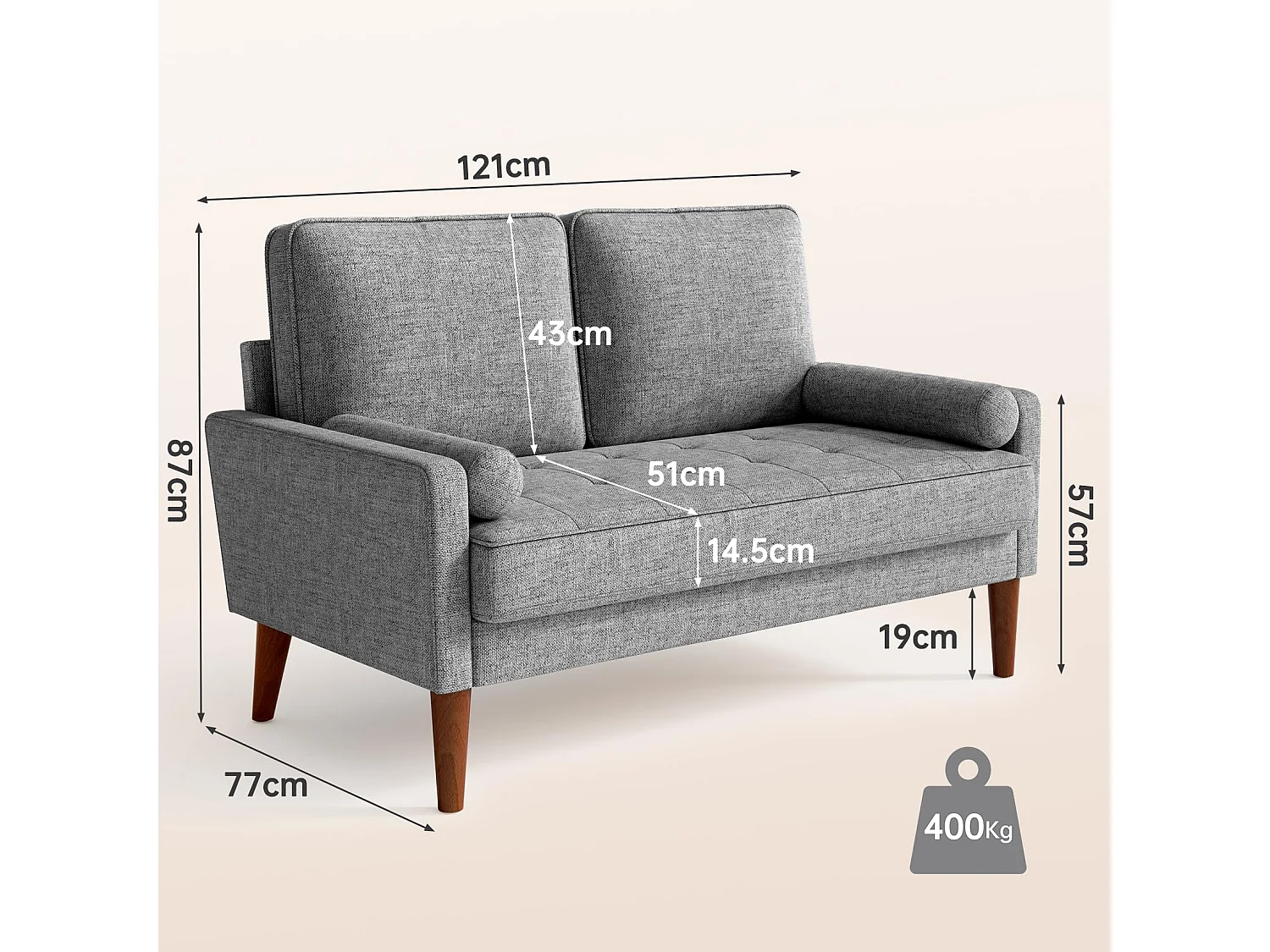 Petit canapé 2 places gris clair en lin 121 cm, avec coussin à ressorts et accoudoirs, style moderne, idéal pour salon ou petite chambre