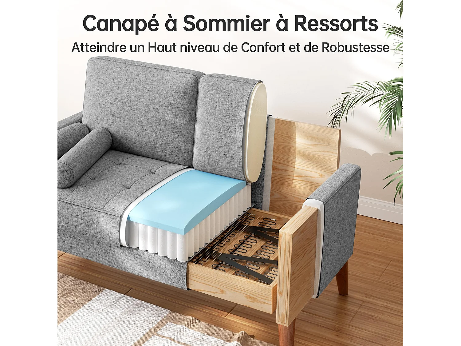 Petit canapé 2 places gris clair en lin 121 cm, avec coussin à ressorts et accoudoirs, style moderne, idéal pour salon ou petite chambre