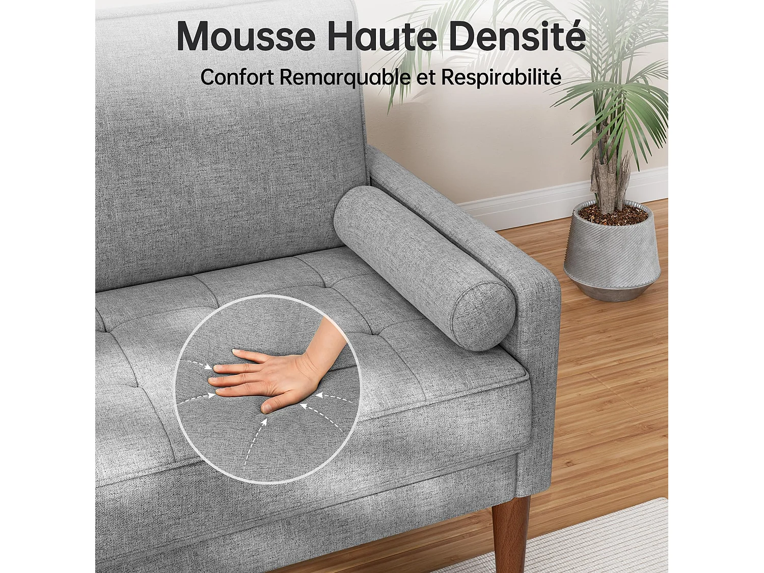 Petit canapé 2 places gris clair en lin 121 cm, avec coussin à ressorts et accoudoirs, style moderne, idéal pour salon ou petite chambre