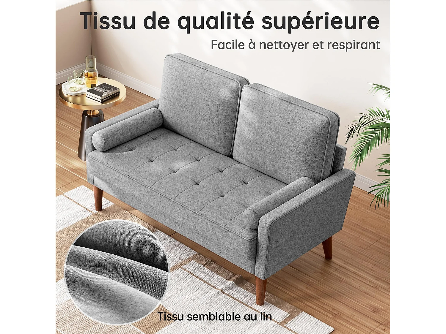 Petit canapé 2 places gris clair en lin 121 cm, avec coussin à ressorts et accoudoirs, style moderne, idéal pour salon ou petite chambre