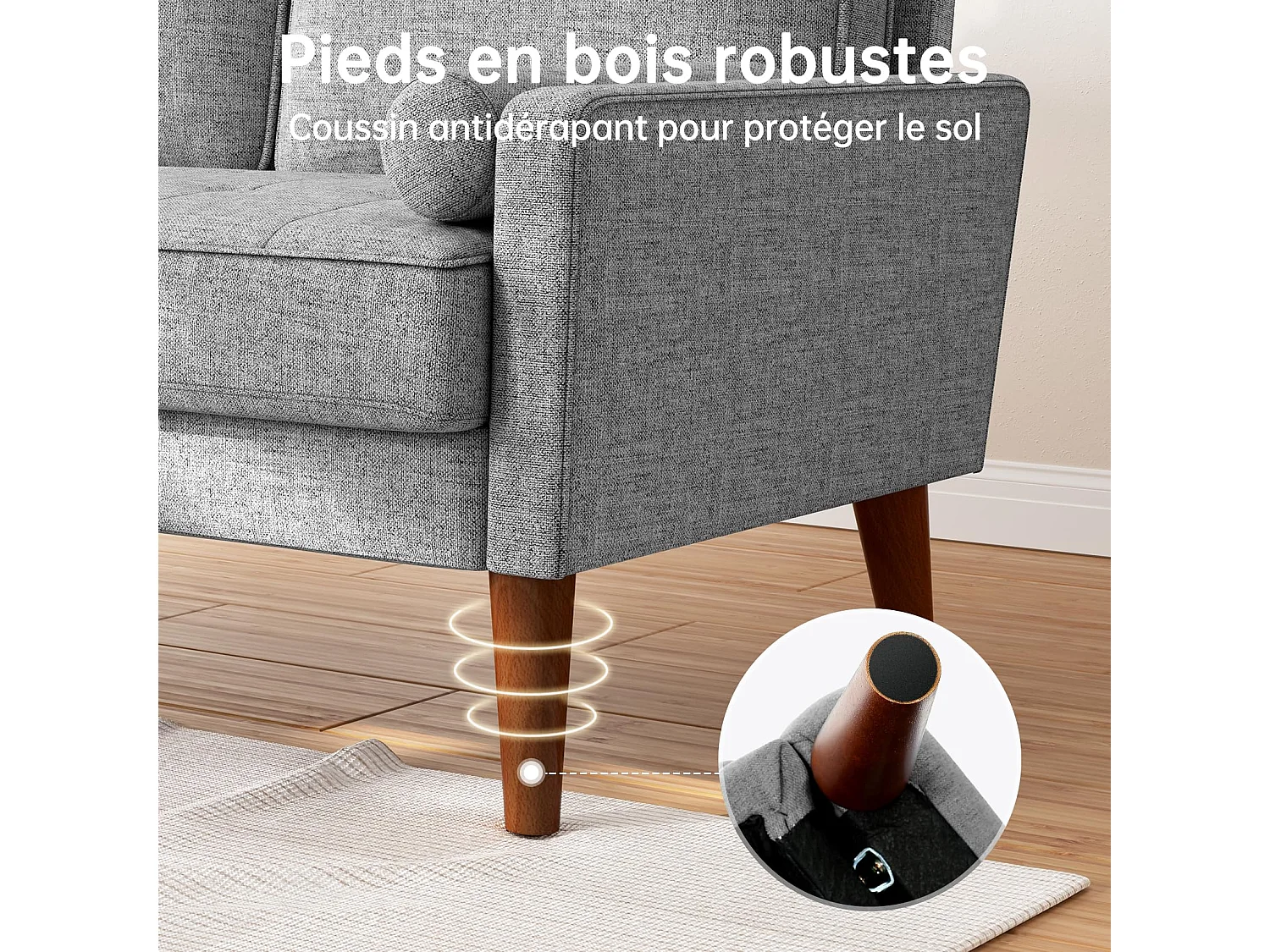 Petit canapé 2 places gris clair en lin 121 cm, avec coussin à ressorts et accoudoirs, style moderne, idéal pour salon ou petite chambre