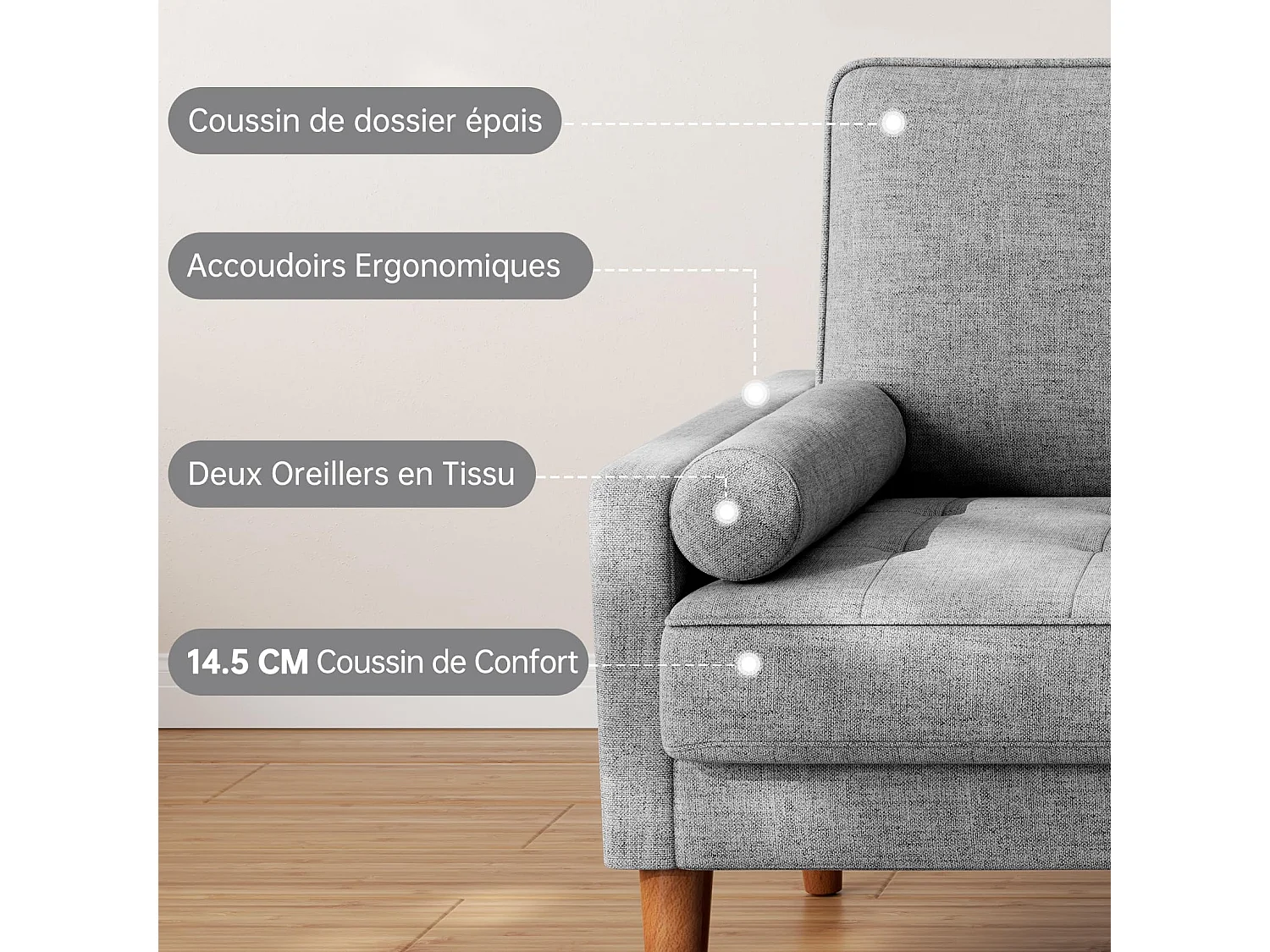 Petit canapé 2 places gris clair en lin 121 cm, avec coussin à ressorts et accoudoirs, style moderne, idéal pour salon ou petite chambre