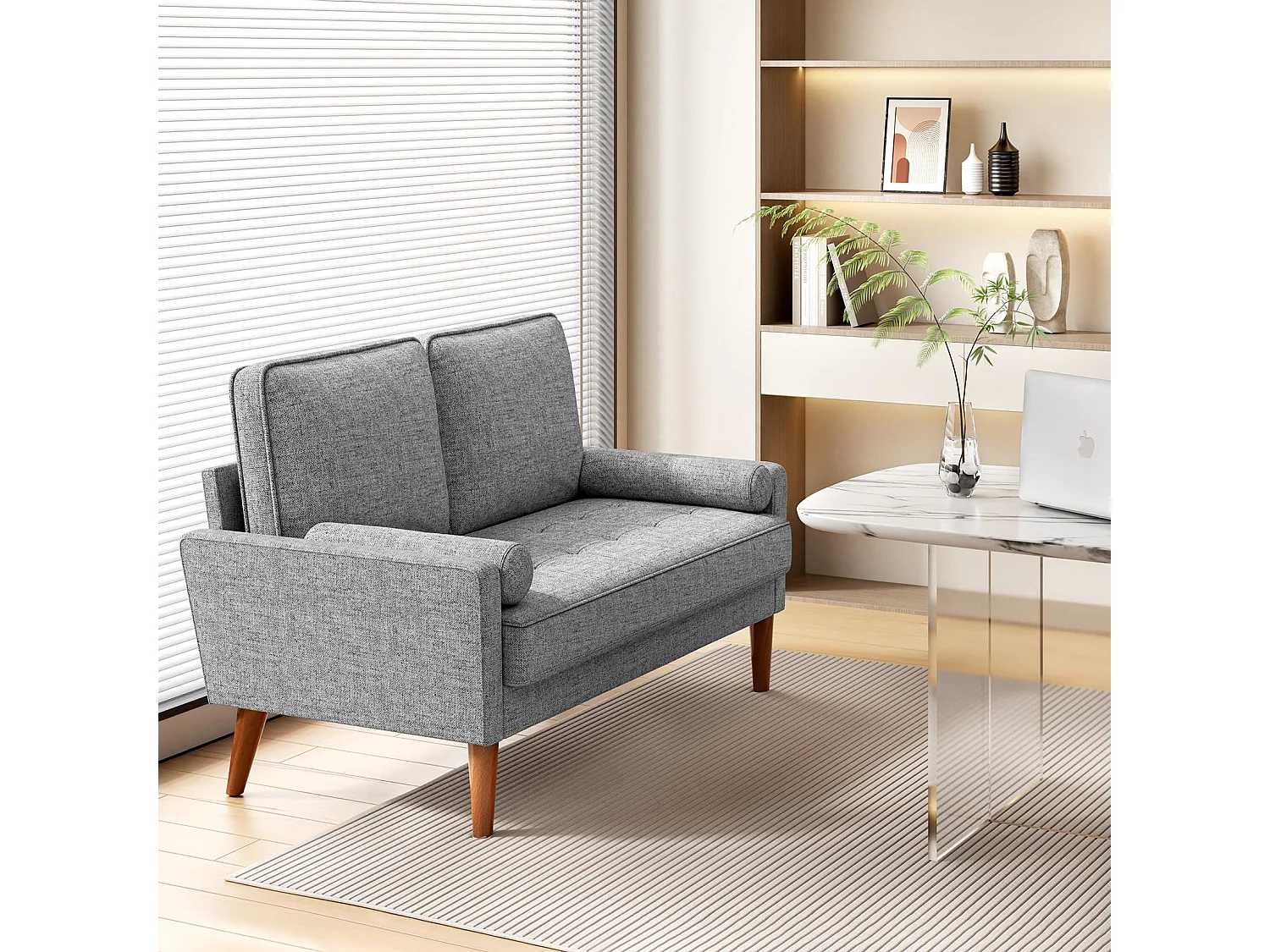 Petit canapé 2 places gris clair en lin 121 cm, avec coussin à ressorts et accoudoirs, style moderne, idéal pour salon ou petite chambre