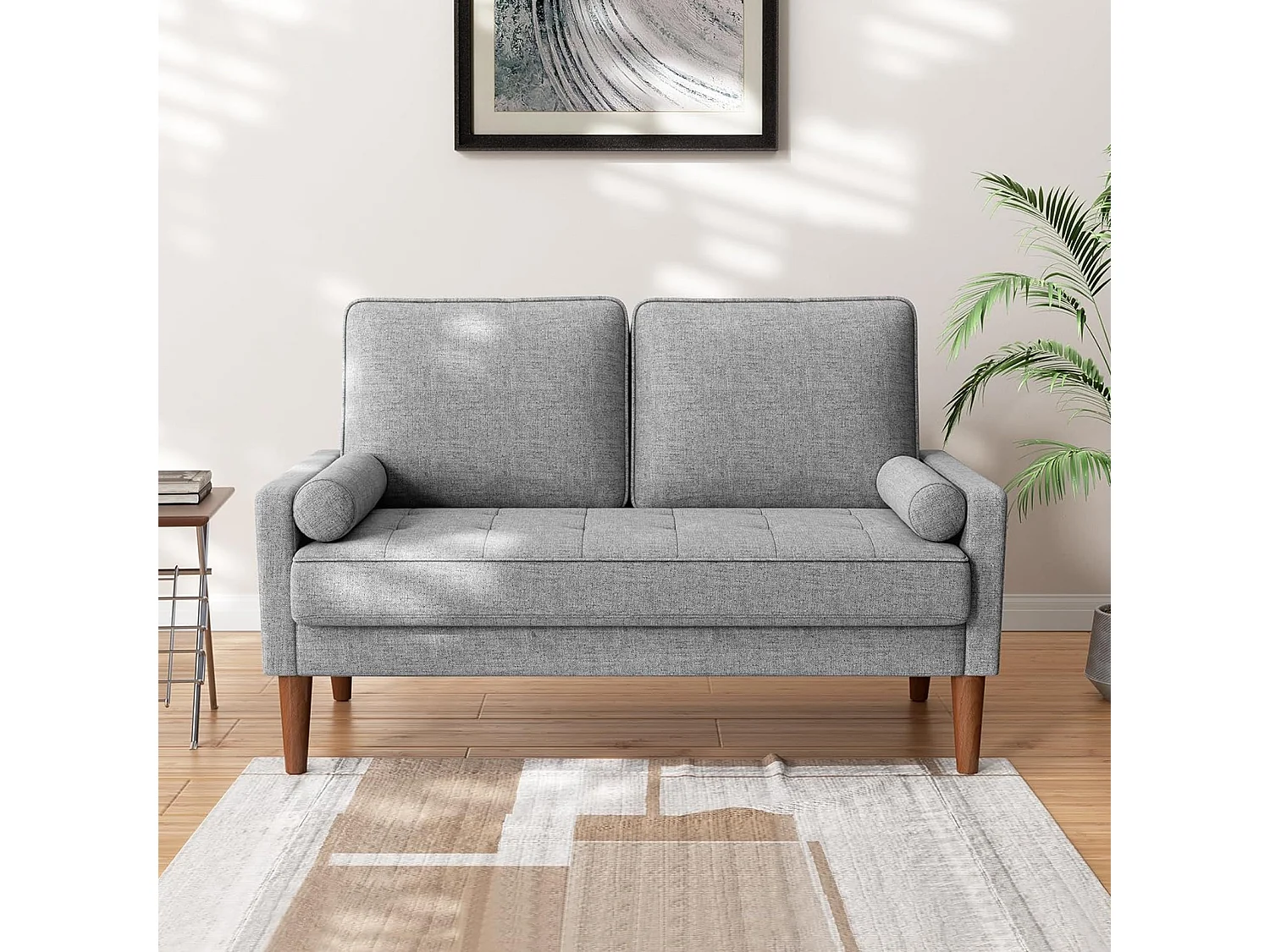 Petit canapé 2 places gris clair en lin 121 cm, avec coussin à ressorts et accoudoirs, style moderne, idéal pour salon ou petite chambre