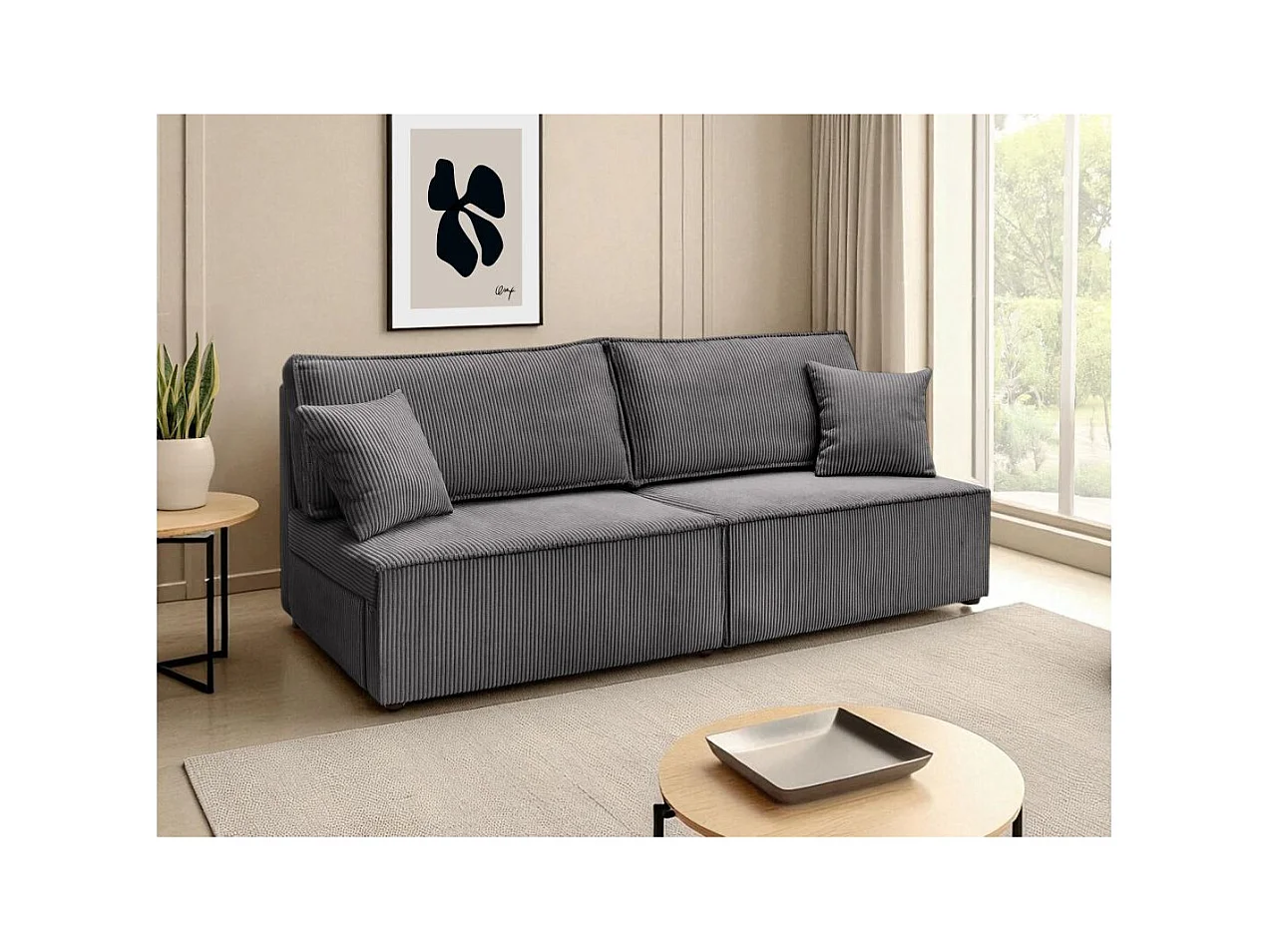 Canapé convertible 3 places FIONA sans accoudoirs coffre de rangement velours côtelé - Gris anthracite