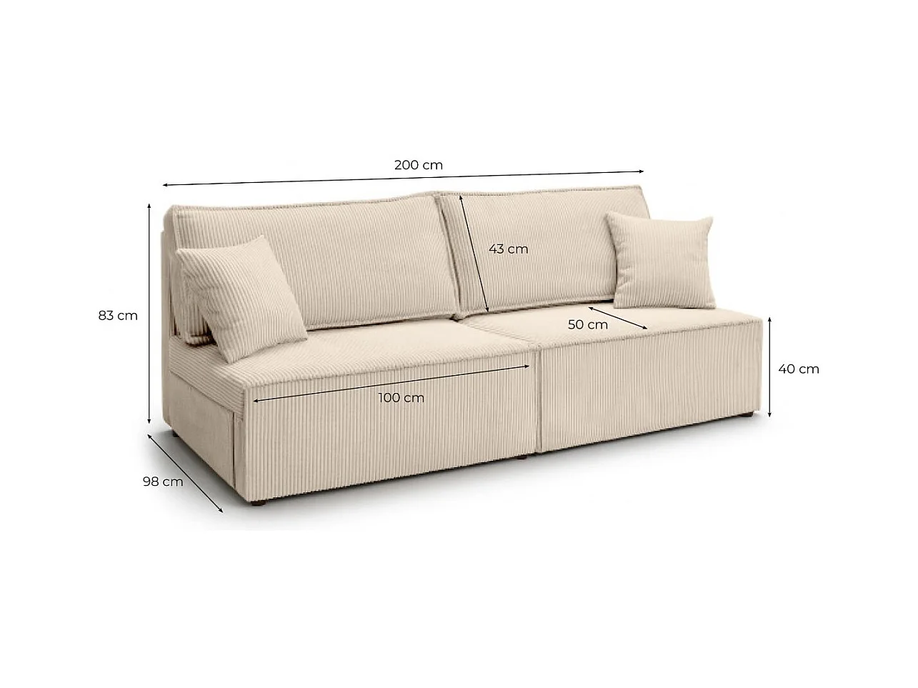 Canapé convertible 3 places FIONA sans accoudoirs coffre de rangement velours côtelé - Gris anthracite