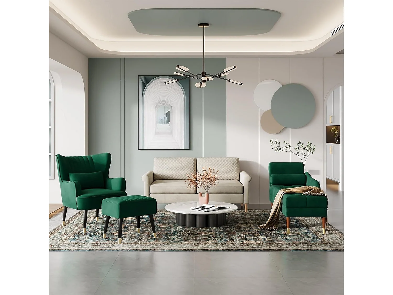 Fluwelen chaise longue, relaxstoel met armleuningen en cilindrisch lendenkussen voor woonkamer, appartement, kleine ruimte - Groen