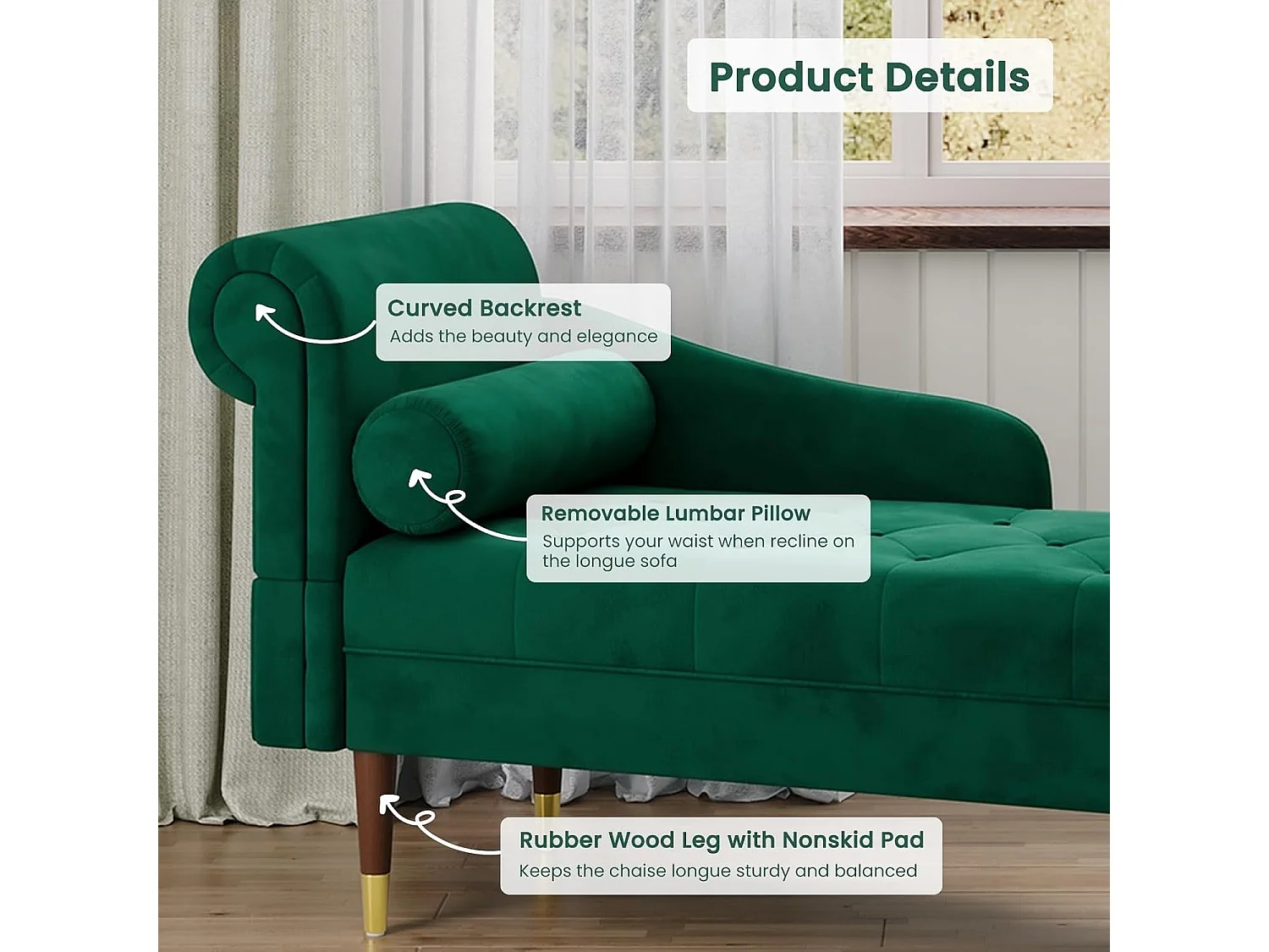 Fluwelen chaise longue, relaxstoel met armleuningen en cilindrisch lendenkussen voor woonkamer, appartement, kleine ruimte - Groen