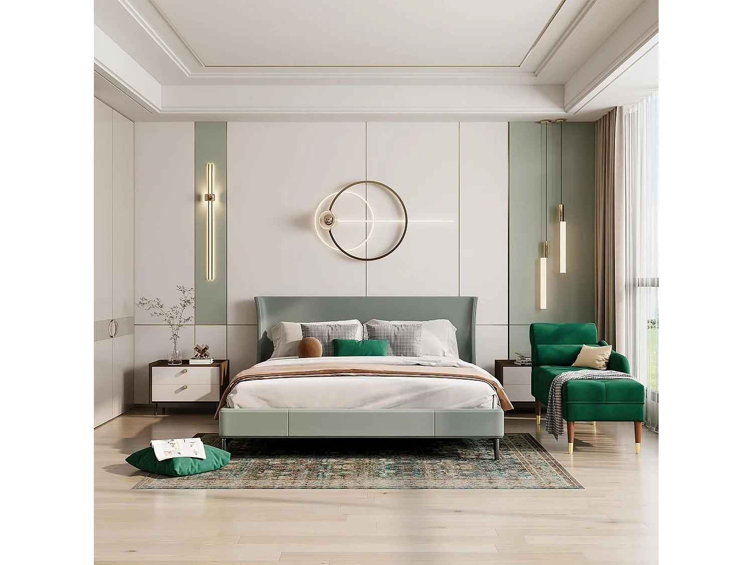 Chaise longue en velours, fauteuil relax avec accoudoirs et coussin lombaire cylindrique pour salon, appartement, petit espace - Vert