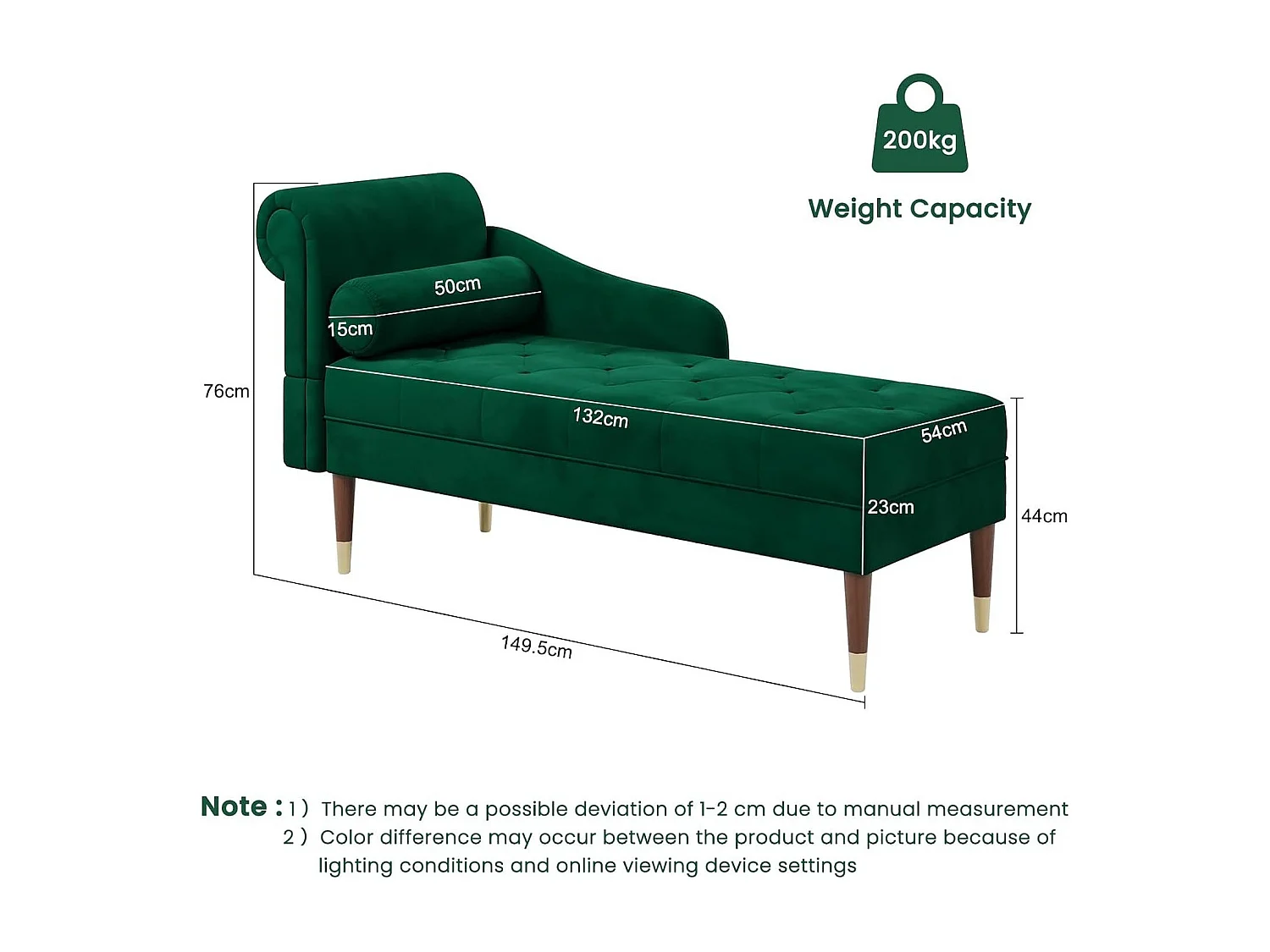 Chaise longue en velours, fauteuil relax avec accoudoirs et coussin lombaire cylindrique pour salon, appartement, petit espace - Vert