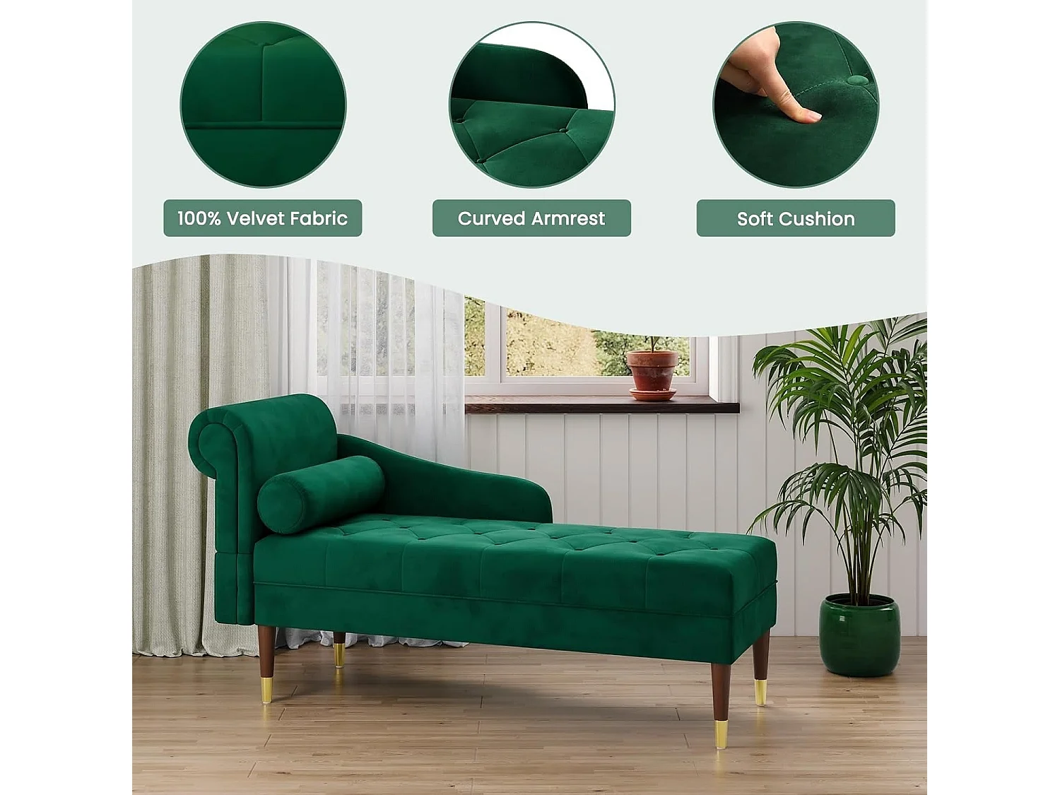 Chaise longue en velours, fauteuil relax avec accoudoirs et coussin lombaire cylindrique pour salon, appartement, petit espace - Vert