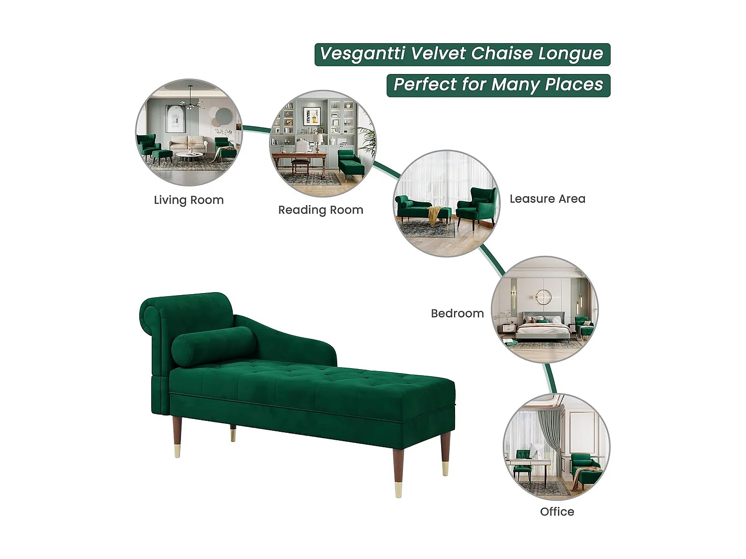 Chaise longue en velours, fauteuil relax avec accoudoirs et coussin lombaire cylindrique pour salon, appartement, petit espace - Vert