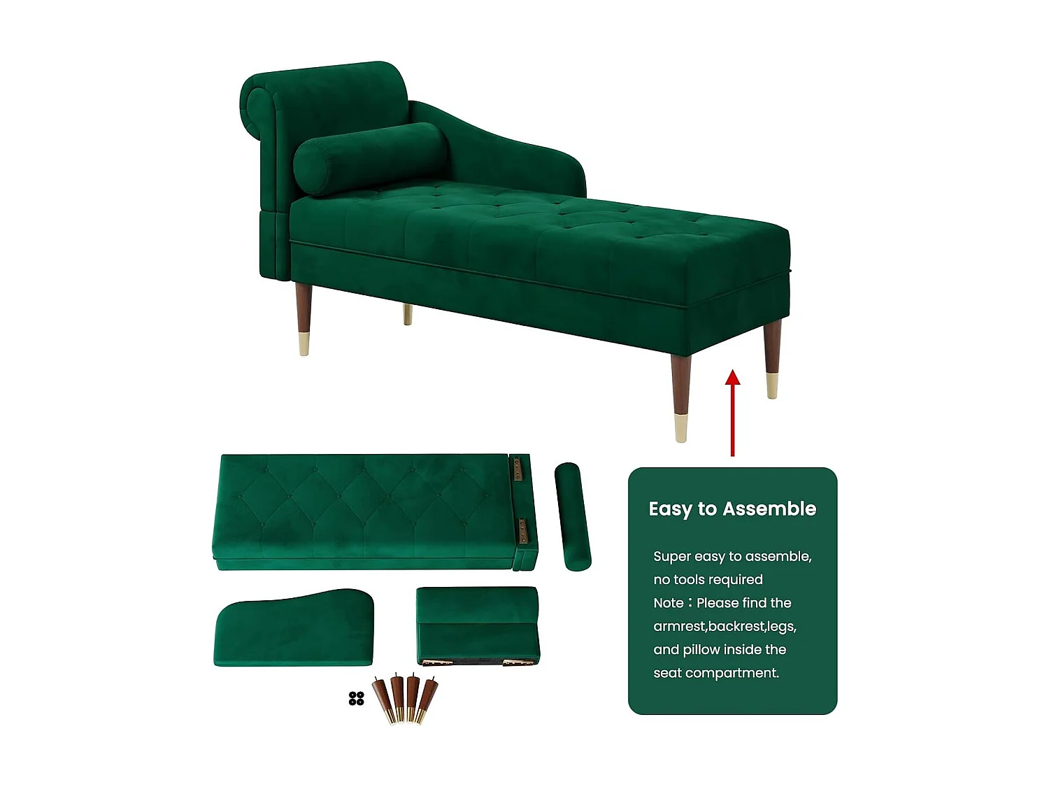 Chaise longue en velours, fauteuil relax avec accoudoirs et coussin lombaire cylindrique pour salon, appartement, petit espace - Vert