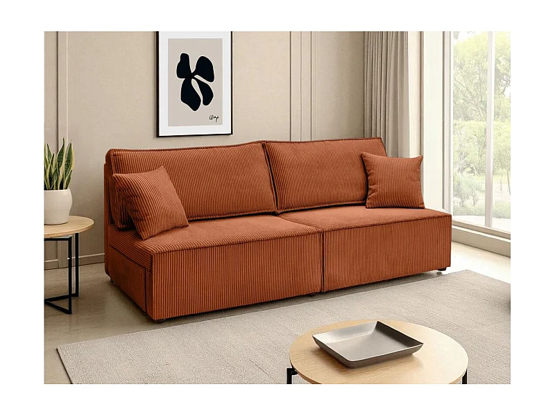 Canapé convertible 3 places FIONA sans accoudoirs coffre de rangement velours côtelé - Terracotta