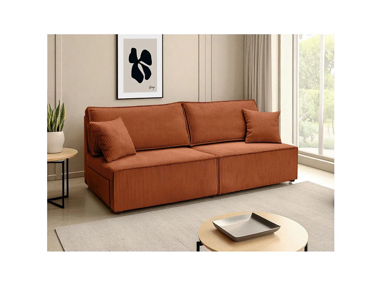 Canapé convertible 3 places FIONA sans accoudoirs coffre de rangement velours côtelé - Terracotta
